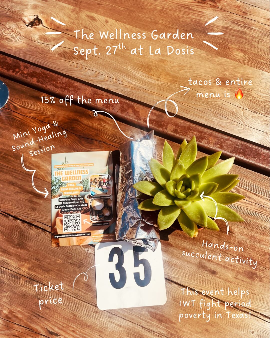 A few days away from Yoga + Sound + Succulents! Grab your 🎟️!
Join @inspiringwomen.today and @yogaisforevery.body, for a special event “The Wellness Garden: Yoga, Sound & Succulents for a Cause” on Saturday, Sept. 27th.
We’re coming together at the vibrant @ladosiscoffee for a morning of movement, mindfulness & community in support of fighting period poverty in Texas.
⏰ 9:40 AM - 12:00 PM
📍 @ladosiscoffee | Cedar Park, TX
🎟️ Limited space - grab your spot now via 🔗 in bio OR at yogaandsucculents.eventbrite.com
Grab a bite and/or a drink with a 15% menu discount from La Dosis!
Ticket proceeds support period poverty relief in Central Texas through Inspiring Women Today’s Hygiene Haven lockers! Bonus - bring a hygiene item to donate.
🪴🧘🏽♀️ See you on the mat!
#inspiringwomentoday #giveback #periodpovertyawareness #plantsofinstagram #yogaandplants #cedarparkevents #austintexas #plantlover #texasnonprofit #giveback #thingstodoincedarpark #visitcedarpark #thingstodoinAustin #yogaatx
#yogacommunity #supportlocaltx #endperiodpoverty