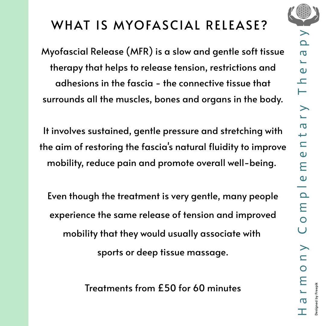 What is Myofascial Release?
Myofascial Release (MFR) is a slow and gentle soft tissue therapy that helps to release tension, restrictions and adhesions in the fascia - the connective tissue that surrounds all the muscles, bones and organs in the body.
It involves sustained, gentle pressure and stretching with the aim of restoring the fascia's natural fluidity to improve mobility, reduce pain and promote overall well-being.Ā
Even though the treatment is very gentle, many people experience the same release of tension and improved mobility that they would usually associate withĀ sports or deep tissue massage.
Treatments from £50 for 60 minutes