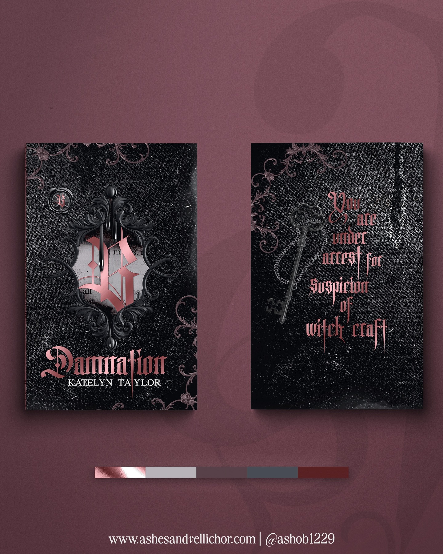 Excited to share the cover for the Event Exclusive of Damnation by @katelyntaylorauthor in collaboration with @the.midnight.bookshelf . This novella features an exterior journal design brimming with tales from Salem and Pale Copper Metallic Foil through out the design. While this is an event exclusive, this design will be cohesive with TMB’s October’s cover design also featuring Katelyn.
**These designs will be cohesive but will not require purchasing both the novella and the trilogy (OR vice versa) so you will not need to worry about an incomplete design set.
#Ashesandvellichor #ashesandvellichordesigns #bookcoverdesigns #photoshop #graphicdesign #graphicdesigner #bookdesigner #freelancecoverdesign #Typographydesign #romancebookcovers #romanceauthors #freelancegraphicdesign