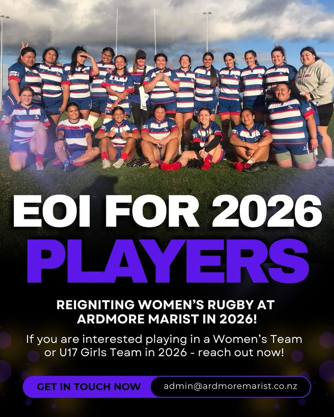 💥 WOMEN’S RUGBY RETURNS IN 2026 💥
Ardmore Marist is set to reignite Women’s Rugby with a Prem Women’s or U17 Girls team in 2026. So we’re looking for any experienced players ready to be part of it.
Submit your interest - https://forms.gle/X3sWUjAb31APobD6A or email us at admin@ardmoremarist.co.nz
Let’s bring Women’s Rugby back to Ardmore Marist – stronger than ever.
#ArdmoreMarist #WomensRugby #CountiesRugby #GrassrootsToGreatness