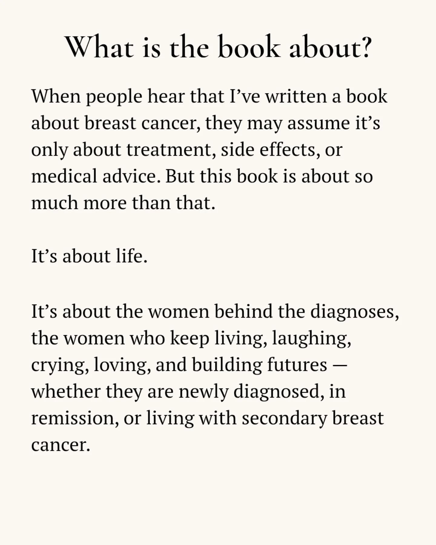 New blog out now! Head to the website for the full blog or swipe to read!
When people hear I've written a book about cancer, they may assume it’s only about treatment, side effects, or medical advice. But this book is about so much more than that.
It’s about life.
It’s about the women behind the diagnoses, the women who keep living, laughing, crying, loving, and building futures — whether they are newly diagnosed, in remission, or living with secondary breast cancer.
#lifeaftercancer #BookComingSoon #breastcancercommunity #breastcancerawareness #breastcancersupport #positivebreastcancerstories #secondarybreastcancer #primarybreastcancer #breastcancer #breastcancerunder40 #breastcancerunder30 #breastcancerthriver #positivity