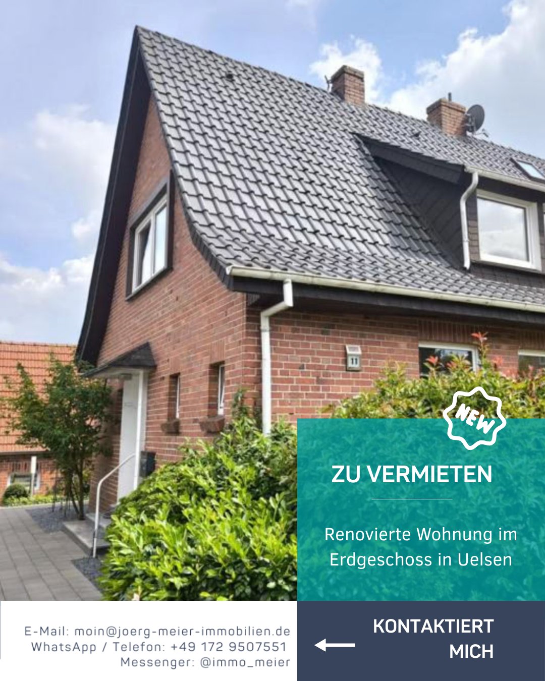 ✨ Erdgeschosswohnung in Uelsen zu vermieten ✨
Frisch renoviert und bald bezugsfertig:
67 m² im Erdgeschoss mit allem, was man braucht.
👉 Aufteilung:
Flur, WC, Bad mit Wanne & Dusche, Küche mit neuer Küchenzeile, großes Wohn-/Esszimmer mit Terrassenzugang, geräumiges Schlafzimmer.
Stellplatz für den PKW ist natürlich auch dabei. 🚗
Gerade wird renoviert: neuer Boden, frische Wände, neue Türen und eine moderne Küchenzeile.
Die Fotos zeigen noch den Stand vor der Renovierung, es wird also noch besser! 🔨✨
💶 530 € Kaltmiete + 170 € NK + Strom
Klingt nach deinem neuen Zuhause? Dann meld dich gern! 📞
📍 Am Markt 14, 49843 Uelsen
📱 0172 9507551
📧 moin@joerg-meier-immobilien.de
