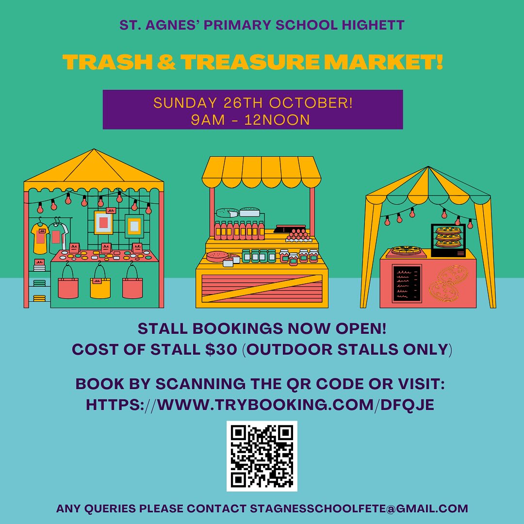 This year’s Trash and Treasure Market stall bookings are now open!
Organise your spring clean and book a stall today! The school holiday’s is the perfect time for a clean up. Link below and in bio:
https://www.trybooking.com/DFQJE
Any queries please contact the Committee on: stagnesschoolfete@gmail.com.