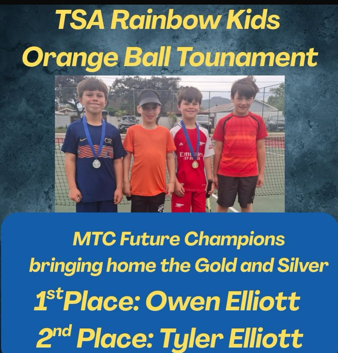 🥇🥈Congratulations to our youngster from MTC who came first and second at the TSA Rainbow Kids Orange Ball Tournament. Congratulations Elliott family🥳