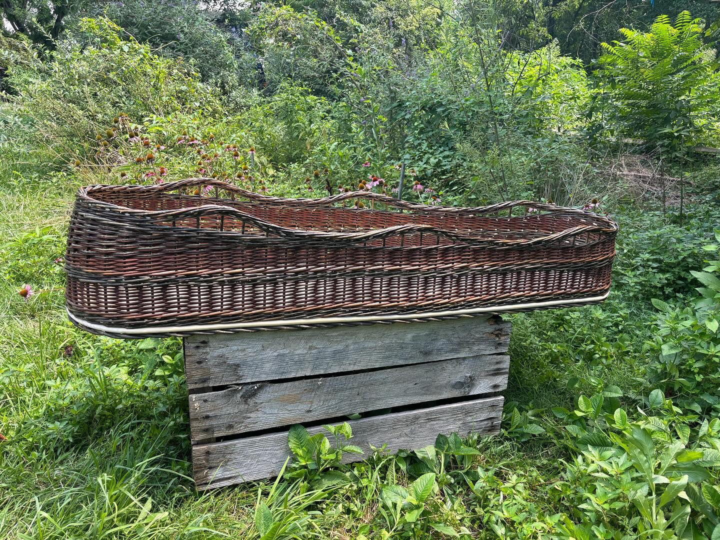 River Burial Tray, high summer greenery🌱🌿🍃. It’s been a long summer, y’all. It’s been a long year. The first anniversary of Hurricane Helene is just days away, and things still don’t feel settled. I’ve not kept up with social media, which has been a constant source of self-criticism for me, especially since despite the long slog of recovery there have been so many wonderful, connected, beautiful things happening around me, so many things I’ve wanted to share! I’m vowing to get caught up before the calendar year closes.
Thank you for hanging in there with me, sharing my work and spreading the word about green burial. I’ve got several cross-state trips coming up this fall, and I’m looking forward to seeking folks—Brooklyn, Madison, Atlanta, Charlottesville, stay tuned! And my beloved southern Appalachian region, I’m still here, weaving away if you need me♥️ —Sarah
#willowcasket #naturalburial #greenburial #willow #handwoven #sustainablymade #casket