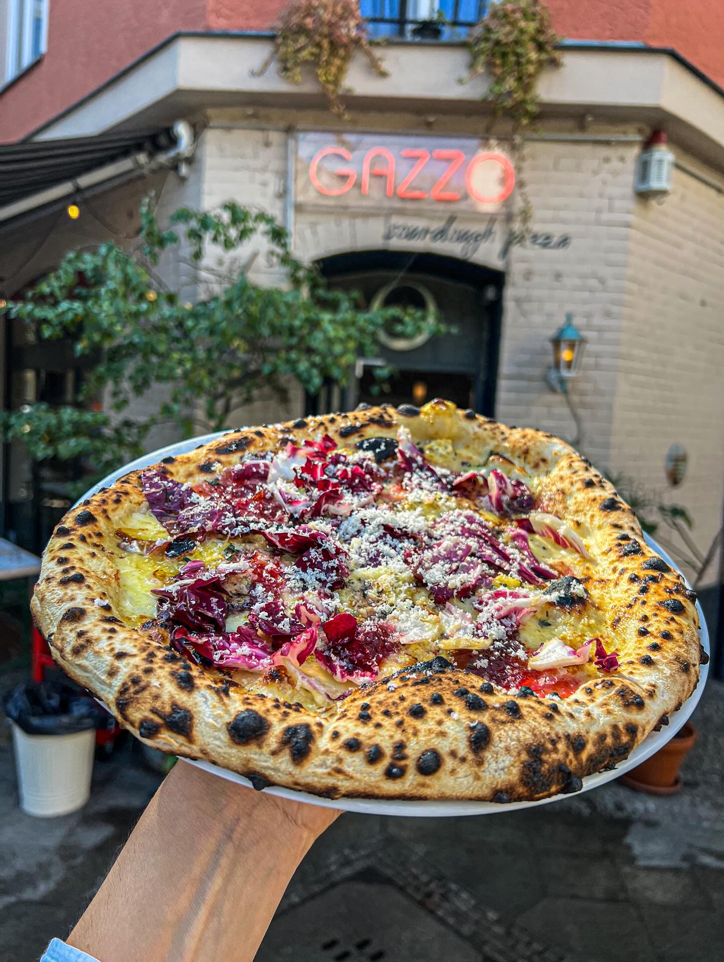 Berliner Blau is a pungent blue cheese from @urstrom_kaese , made just outside of Berlin. We pair it with roasted plums, radicchio and grated macadamia nuts. On for a few more days 💖