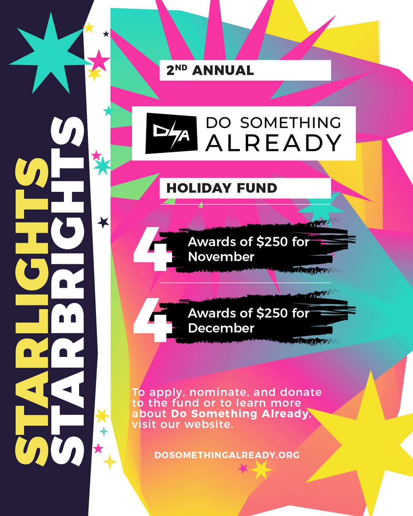 Exciting news! Do Something Already has launched our Fall/Winter Initiatives through the 2nd Annual StarLights/StarBrights Fund!
The holiday season can be tough for the LGBTQIA+ community, with many facing estrangement, isolation, and financial challenges. We want to spread some joy by offering 8 awards of $250—4 in November and 4 in December! Last year was such a success, we look forward to delivering these awards this year!
You can apply for yourself or nominate someone who could benefit from these funds.
Applications are now open! For more details and to apply, check out our link in bio.
Let’s support each other this holiday season!
#LGBTQIA #CommunitySupport #DoSomethingAlready #holidays