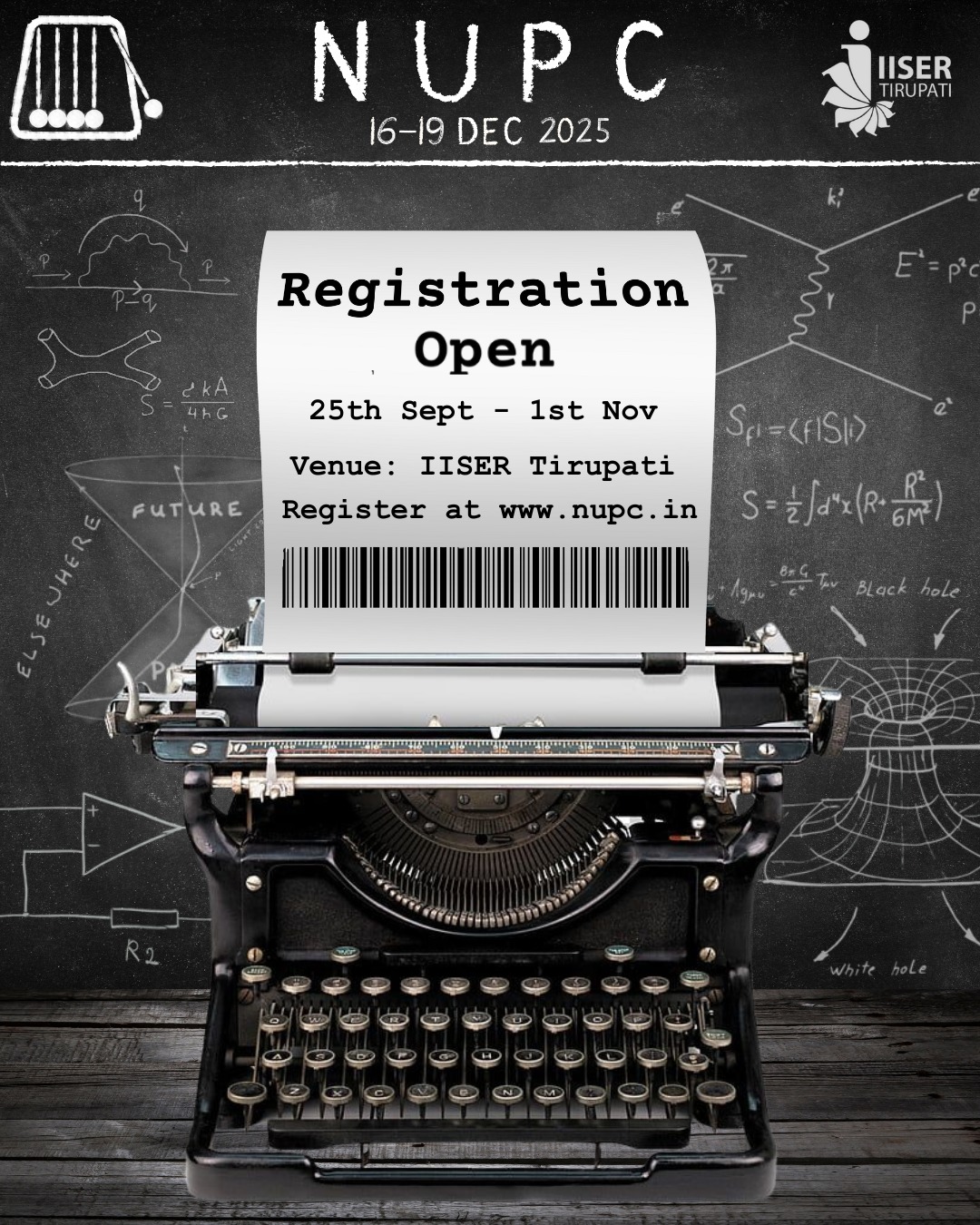 Curiosity has no limits, and neither should you!
Join India’s first-ever undergraduate physics conference at IISER Tirupati.
Register now at www.nupc.in
Seize the moment, claim your seat, and be part of this inspiring journey. ✨
#conference #undergraduateresearch #undergraduate #research #sciencecommunication #scientist #science #sciencepresentation #physicsconference #physics #interdisciplinary #womeninstem #stemeducation #stem #iisc #iiscbangalore #iiser #iisertirupati #iiserpune #iiserkolkata #iisermohali #iiserbhopal #iisertvm #iiserbehrampur #tifr #icts #isro #iit #iitdehli #iitbombay
