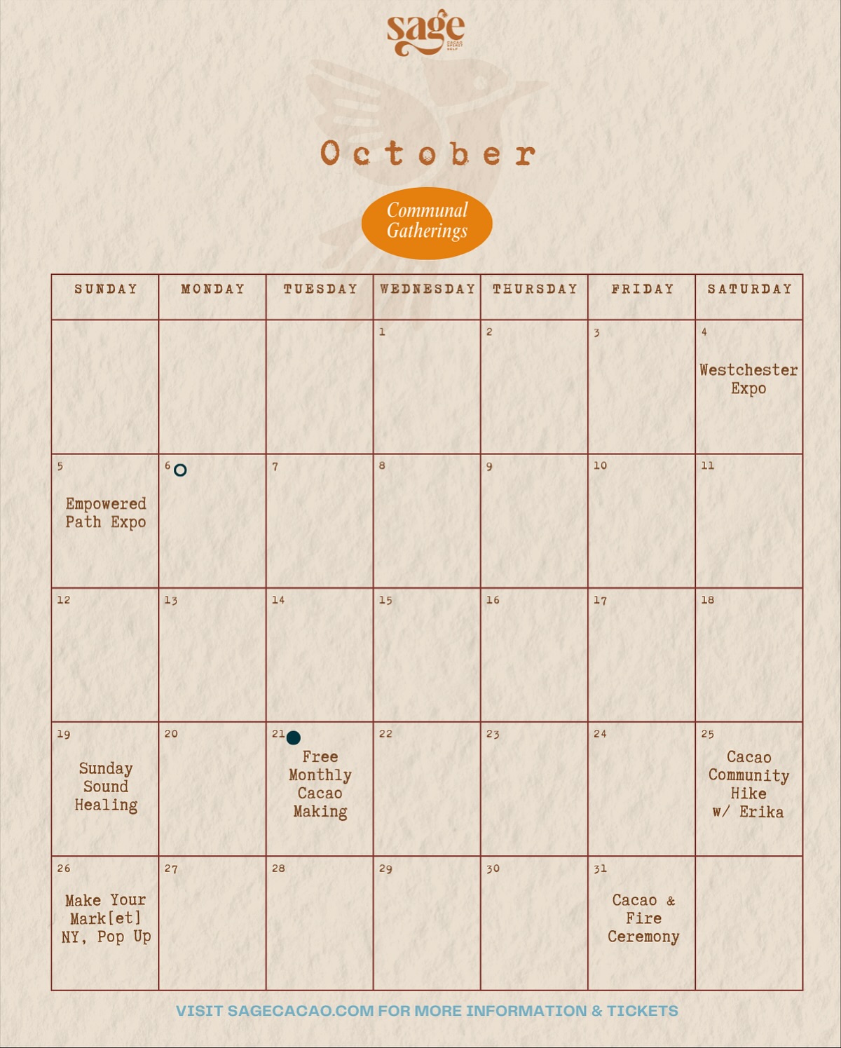 Our October Community Gatherings 🧡
We’re so glad to begin sharing our monthly schedule of community gatherings with you. These moments are meant to bring us together in simple, meaningful ways ! Whether that’s connecting, learning, supporting, healing, or just enjoying each other’s company. In the next few days, we’ll share more details on how to sign up for the events that call to you. We’re really looking forward to being with you and creating these special moments side by side
Screen shot or save Calender for future reference !