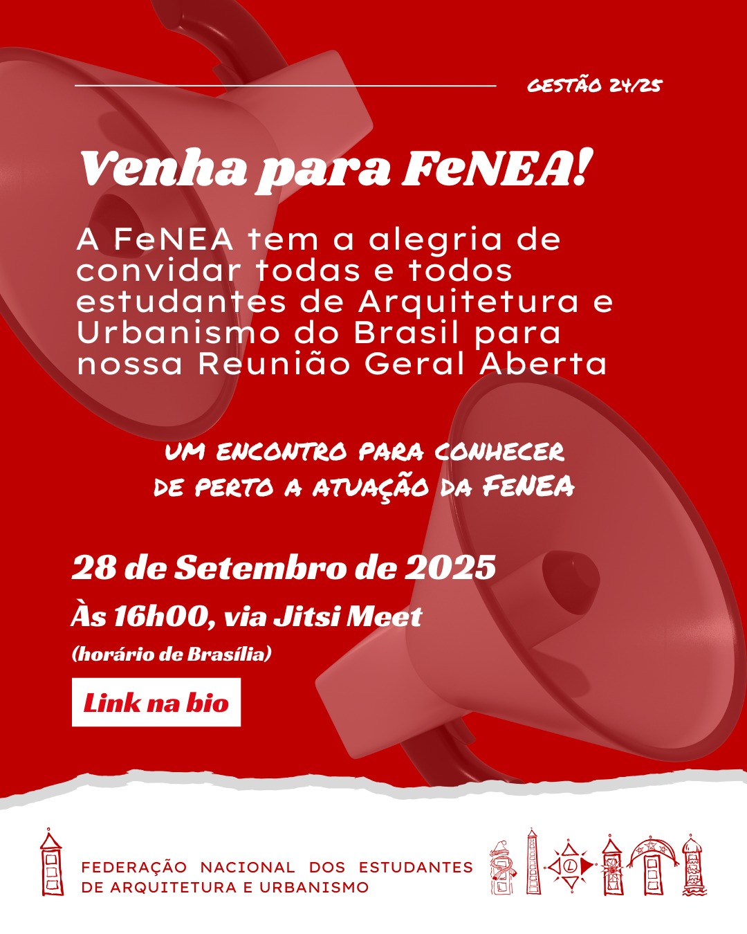 📢 Convocação Geral FeNEA 📢
Olá, estudantes de Arquitetura e Urbanismo! 👋✨
No próximo domingo, 28/09, às 16h (online), a FeNEA realiza sua Reunião Geral Aberta — um espaço aberto para toda a comunidade estudantil conhecer de perto como funciona nossa rede nacional. Será um momento de integração, perfeito para quem está chegando agora, com um grande resumo da atuação da FeNEA e a apresentação dos processos de transição da gestão, fortalecendo a participação coletiva e preparando os próximos passos.
Também será a oportunidade de construir juntas e juntos a organização da próxima gestão, garantindo a continuidade da nossa representação nacional. 🌻
📅 Domingo, 28/09
⏰ 16h
📍 Online – link em breve
Viva a FeNEA que faz a gente se encontrar🌳
— Diretoria Geral FeNEA
#fenea #arquiteturaeurbanismo #vivaafeneaquefazagenteseencontrar #vivaafenea #estudantes #movimentoestudantil