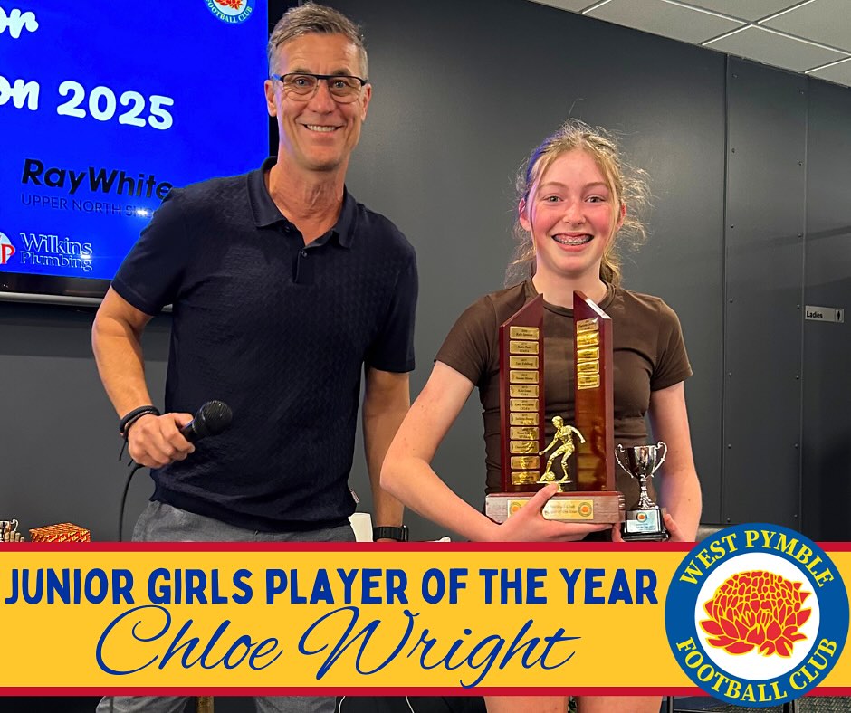 Chloe Wright, Junior Girls Player of the Year, 2025 💛💙
Junior Girls Player of the year recognises a player who has heart, spirit, and demonstrates strong commitment to her team.
This year we were lucky enough to have 2 Junior Girls player of the Year winners!
The nomination for the first winner speaks for itself:
“This player is a positive team member who always brings a great team spirit to games, training and has also volunteered at pre-season events such as gear sales to help.
In addition, she is a game leader and creates a fair and enjoyable games experience for the teams she referees.
She always tries her best at games and encourages her team mates too, and also has fun and plays fairly.
We are lucky to have such a good and fair community champion playing for WPFC.”
We are thrilled to announce that (one of) this year’s Junior Girls Player of the Year awards goes to Chloe Wright from G14 Arnold! 💛💙