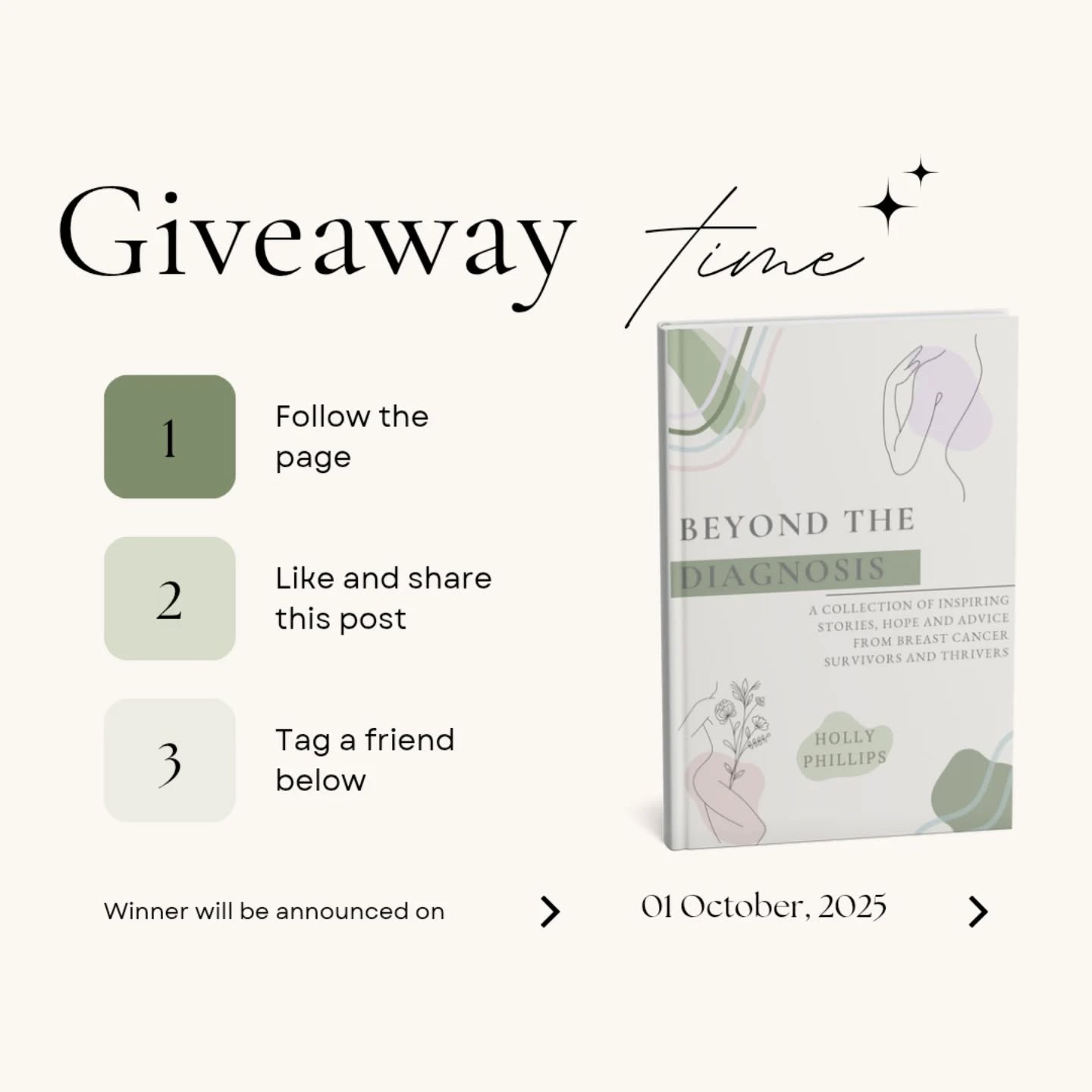Beyond the diagnosis giveaway!
To celebrate the release of my book, I’m giving away 2 free copies of Beyond the Diagnosis.
How to Enter:
1️⃣ Follow my page
2️⃣ Tag 2 friends in the comments
3️⃣ Share the post to your story
Giveaway closes: 30th September at midday, winners announced the next day on my page to celebrate the release date and raise awareness and support for breast cancer awareness month!
💖 Thank you all for the love and support — I can’t wait to share this book with you which I hope will continue to help as many people within the breast cancer community and continue to fund research as 50% profit from every book will be donated to BCN.
Good luck!
Holly x