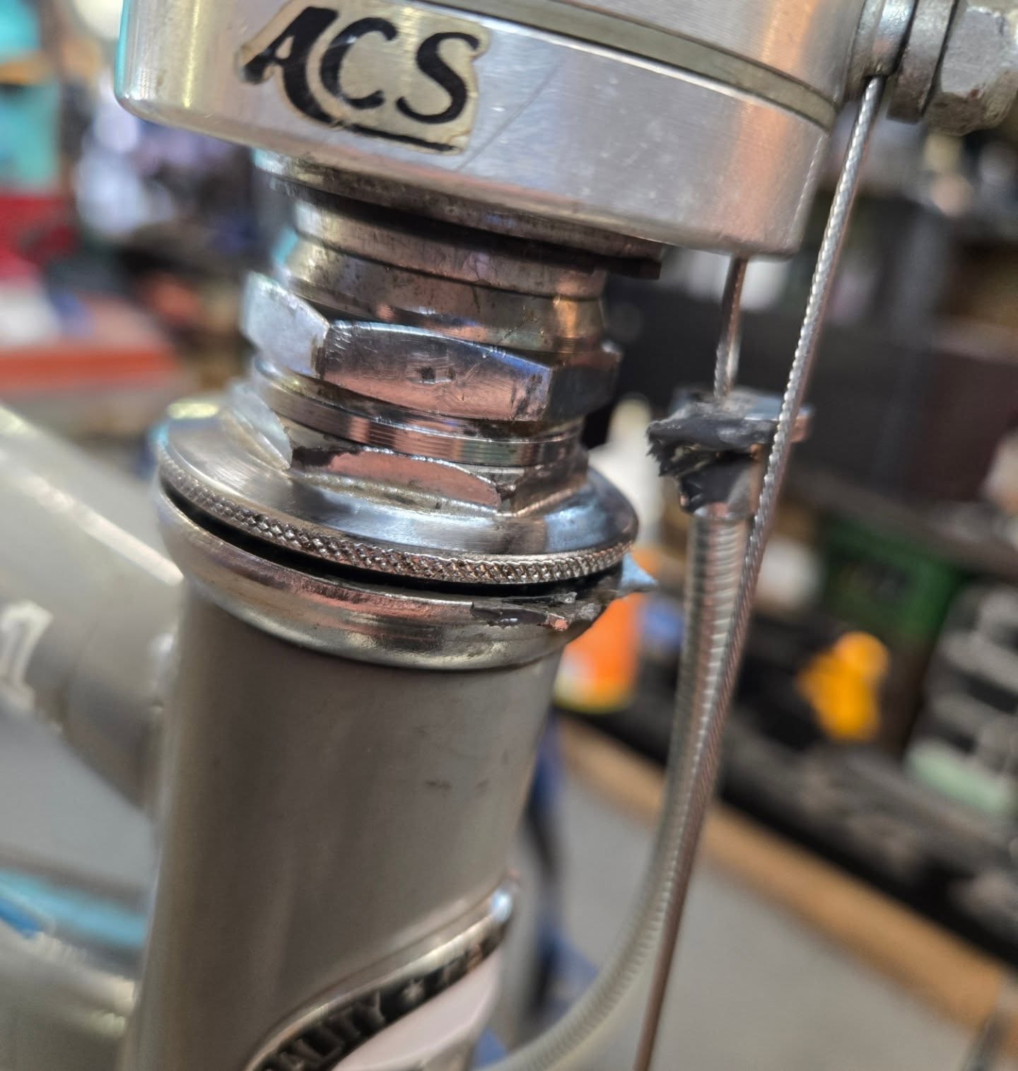 Restoration is a delicate process. There is no predicting when a part may fail and throw a wrench into the entire project. This is a perfect example. The upper headset cup from this current Mongoose resto has an integrated cable stop for the rear brake that is imperative to the ACS rotor function. You can no longer buy this part. Without it, the whole job is incorrect. Welding a part like this is possible, but difficult and a bit unsightly because of the chrome plating on the part. (I am also not a highly skilled welder) BUT, a little flame and a bit of @the_gasflux_co 56% silver brazing alloy, and it's good to go. If you don't already, head over and follow our frame building and repair page @gringobicycles
.
.
.
#bicyclerestoration
#fixit
#brazeit #localbikeshop #framebuilder #steelisreal #nevergiveup