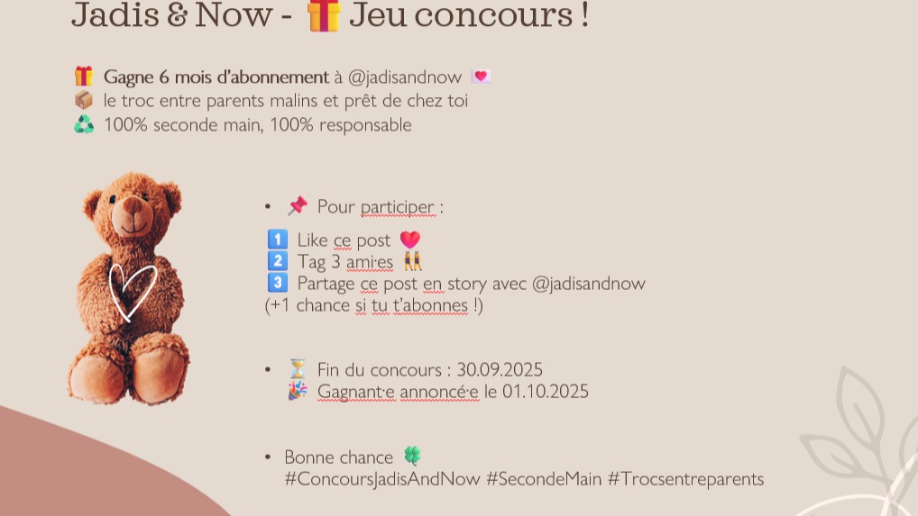🎯 Avec Jadis and Now, notre mission est triple :
✅ Réduire les dépenses des familles
✅ Encourager la consommation responsable
✅ Créer du lien entre parents autour de valeurs communes
________________________________________
💡 L’accès se fait via un petit abonnement, qui garantit une communauté bienveillante et engagée.
Jadis and Now, c’est une solution économique, écologique et sociale — imaginée par une maman, pour tous les parents 💛
👉 Découvrir la plateforme : www.jadisandnow.com
📲 Suivez-nous aussi sur Instagram : @jadisandnow
Merci de faire partie de cette belle aventure 🙏
#secondemain
#secondemainsuisse
#parentsengagés
#parentsecolo
#suisseromande
#enfantsuisse
#2ememainsuisse
#ecofriendlykids