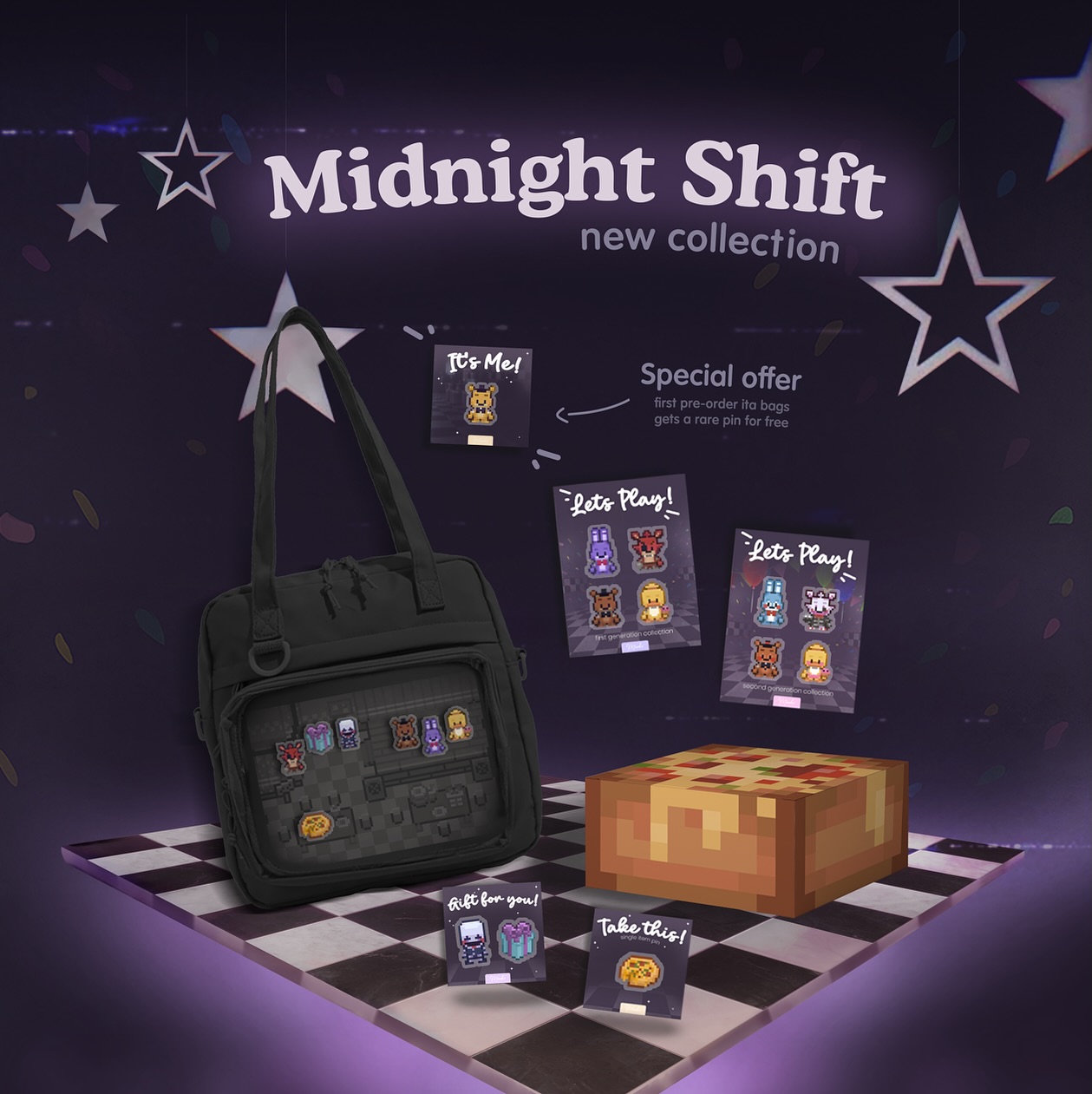 The first round of voting for the new collection in stories gave rise to the Midnight Shift! ✨🔦
This time, we have created ita bags with a original print of a pizzeria room with a stage and equipment, which you can decorate however you like. 🎤🎶 Just add pins from this series or any other from our e-shop, they are all the same standard size, so you can combine them with other bags or products. 💫
You can also have your order packed in a new themed mini pizza box 🍕 All the items from the collection will fit perfectly inside 📦.
👉 Bonus for PRE-ORDER!
Everyone who pre-order ita bag by October 12. will receive a rare pin for free! 🎁
#pixel #fnaf #pixelart #fivenightsatfreddys #game #games #box #itabag #pizza #gamer #fnafmovie