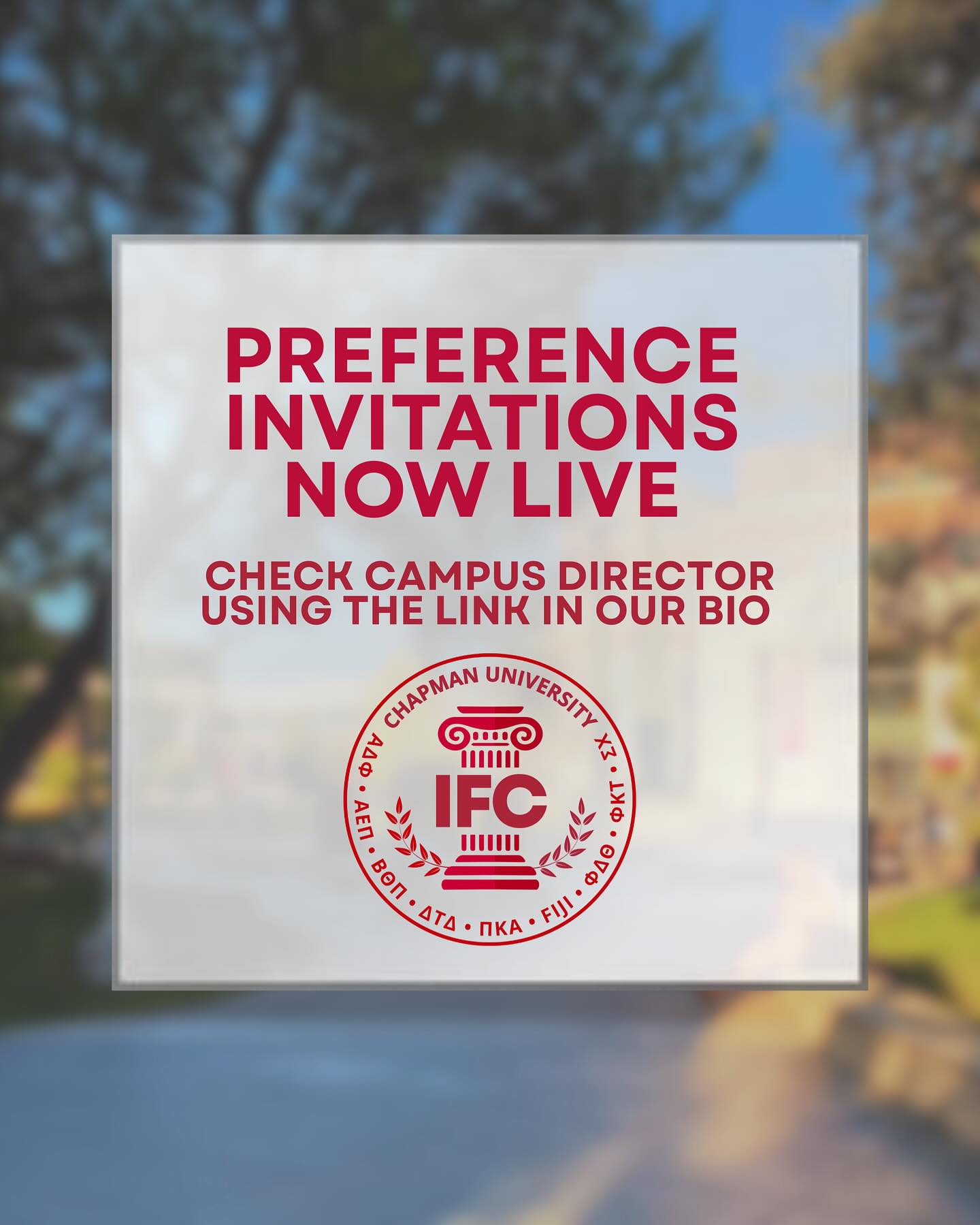 Thanks to everyone who came out to rush this semester! Now that our chapters have narrowed it down to their invite-only events, preference invitations are officially live — be sure to check CampusDirector for invites!