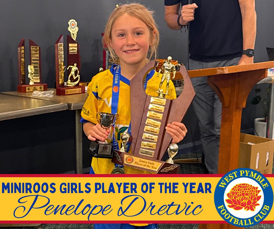 Penelope Dretvic, Miniroos Girls Player of the Year, 2025 💛💙
This award recognises a player who has heart, spirit, and demonstrates strong commitment to her team.
This player plays fairly, tries her best and is a delight to coach. She always has an eagerness to learn new skills, learn the game, and have fun too!
This player is only 5 years old and her dream is to one day be a Matilda.
This year we are thrilled to announce the 2025 Miniroos Girls Player of the Year is Penelope Dretvic from the G7 Maisies - now known as G7 Pirates! Well done Penelope! 💛💙