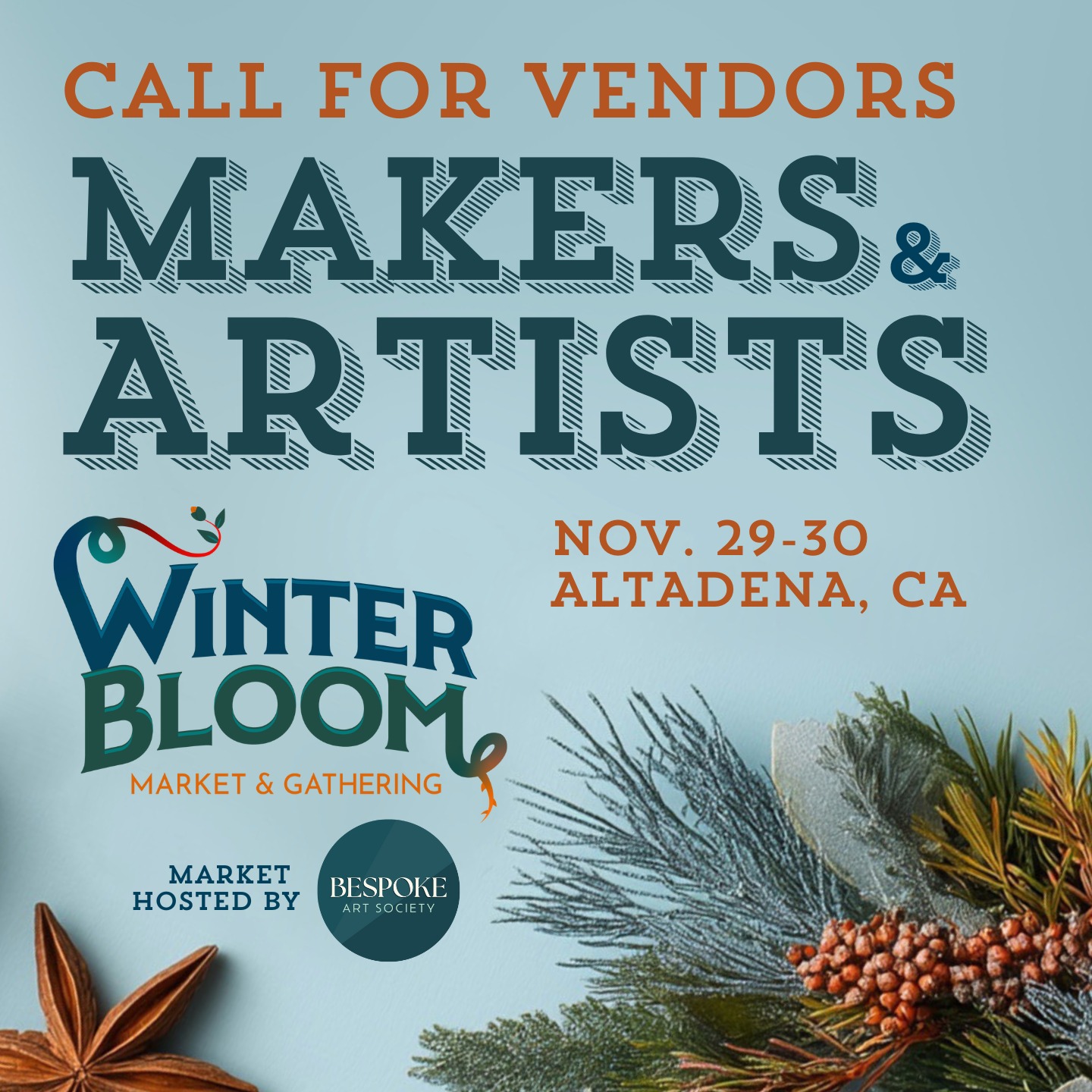 Maker & Artists ... Share your craft at the Winter Bloom Market & Gathering in Altadena! โญ Vendor applications are NOW OPEN! Link in bio. โญ
Connect with a welcoming, engaged community eager to support local in a joyful holiday setting. Apply to be part of our inaugural celebration of renewal, resilience & hope.
Winter Bloom's market is hosted by the magical folks @bespokeartsociety.
#bespokeartsociety #altadena #vendormarket #artisanmarket #craftmarket #artmarket #handmade #shoplocal #shopsmall #smallbusiness #supportsmallbusiness #holidaymarket #holidayshopping #holidayseason #christmasmarket #holidaygifts #giftideas #winterbloomaltadena #ornamentsforaltadena #altadenastrong #denastrong #artmarket #holidaymarket