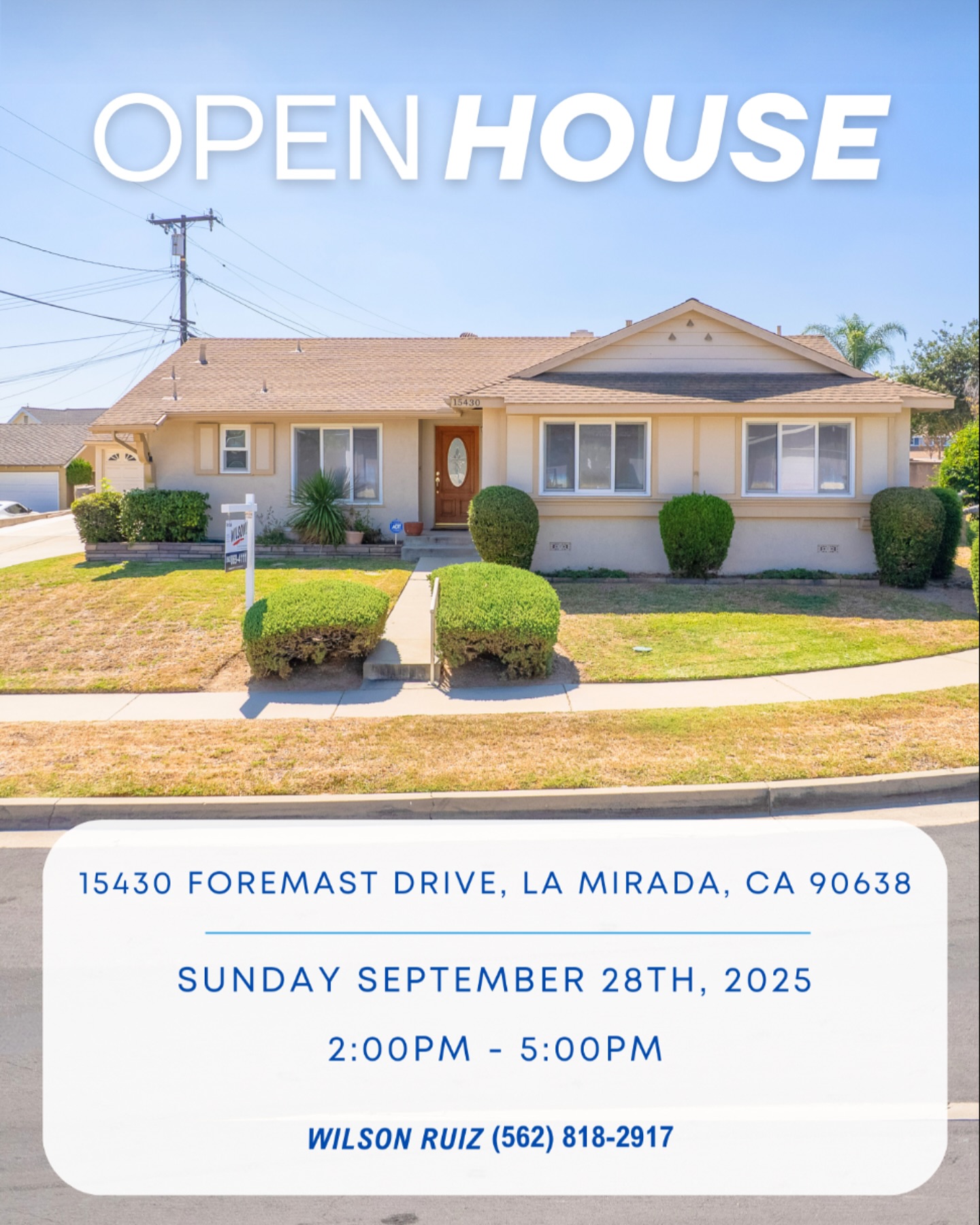 I’m hosting an Open House this Sunday, September 28th from 2PM - 5PM at 15430 Foremast Drive, La Mirada, CA 90638
Come tour this beautiful home! On a corner lot with tons of natural light in the living and dining areas, private backyard and a long driveway with a detached garage. Plus, it’s in a Prime spot in La Mirada!
If you’ve been thinking about making a move, house hunting or just want to check out what the neighborhood has to offer, stop by!
If you have any questions:
Call me: (562)818-2917
DM me for a showing
or visit my website-link in bio!
#openhouse #lamirada #lamiradaca #openhousesunday #househunting #dreamhome #homeforsale #socalrealestate #homegoals