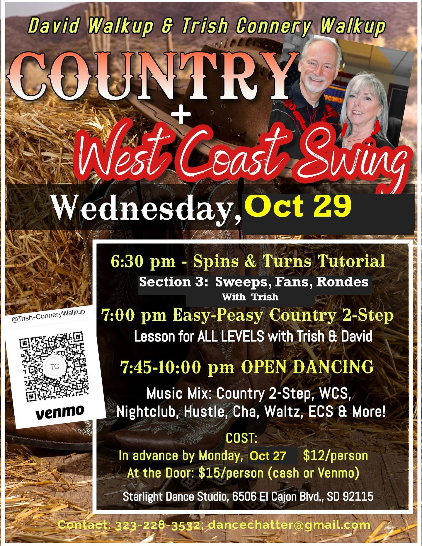 Join us tonight for our weekly Country 2-Step classes with David Walkup and Trish Connery-Walkup! Donât forget, on Oct 29th there will be a special Country and West Coast Swing party instead of the regular weekly classes đ
â¨Country 2-Stepâ¨
Beginner 2-Step at 6:30pm
Intermediate 2-Step at 7:30pm
If you have any questions, donât hesitate to DM us or email us at starlightdancesd@gmail.com
#dance #sandiego #partnerdance #country #countrytwostep #starlightdancesd