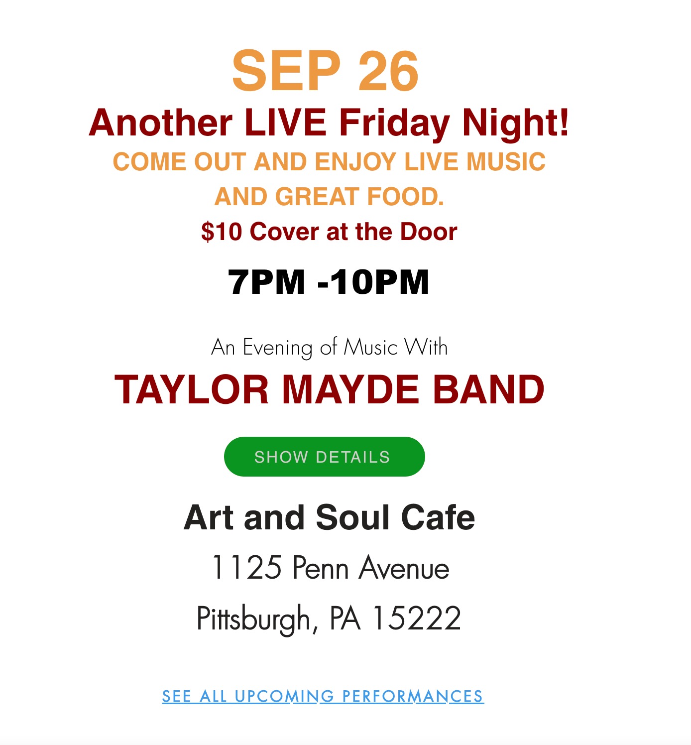 TAYLOR MAYDE BAND @ Art & Soul Cafe - Sep 26 $10 at the door #thingstodoinpittsburghpa #livebandspittsburgh #artandsoulcafe #thingstodothisweekend #localentertainment