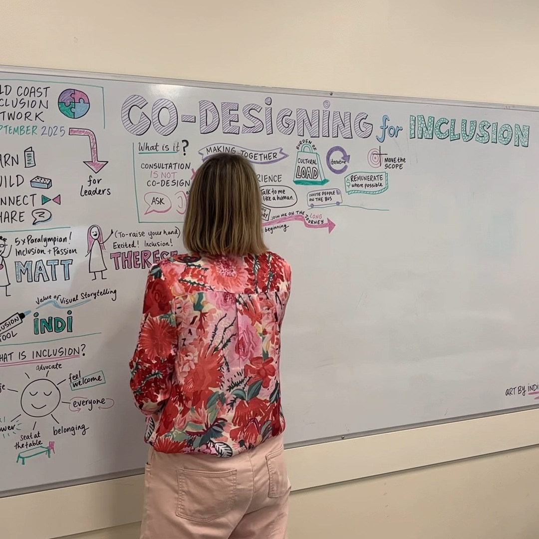 ✨ Visuals aren’t just decoration and for many neurodivergent people they’re essential tools for inclusion. Research shows that up to 20% of people worldwide are neurodivergent, meaning they experience and process the world differently.
That’s why graphic facilitation matters. At Tuesday’s Gold Coast Inclusion Network session I captured the discussion live through graphic facilitation, transforming key themes into a visual story that everyone in the room could see unfold.
It’s one thing to hear ideas, another to see them, reflect on them, and carry them forward.
A big thank you to hosts Therese Dogra and @mattlevy87 and everyone who joined 🙏
#InclusionMatters #Neurodiversity #AccessibleDesign #GraphicFacilitation #VisualStorytelling #LiveScribing #DrawingIdeas #Sketchnotes