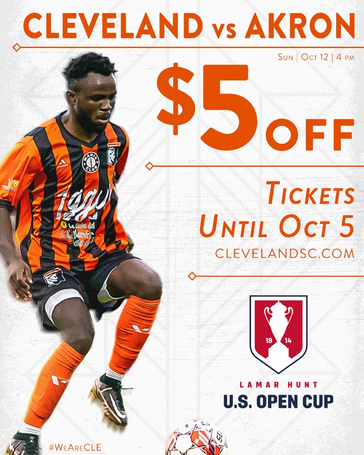 ⏰ Early Bird Special – Ends Oct 5!
Save $5 on tickets to Cleveland SC vs Akron City FC in the U.S. Open Cup.
Plus, Kids get in FREE!
🎟️ Grab your tickets now: ClevelandSC.com