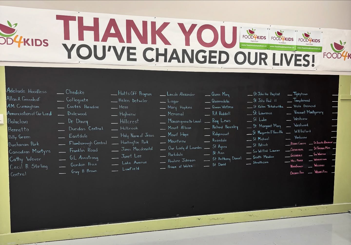 This wall tells a powerful story.
Each name you see represents one of the 92 schools we serve through our Weekends Without Hunger program, ensuring kids facing crisis-level food insecurity don’t go hungry when school doors close.
To us, this board is more than names. It’s community, responsibility, and hope.
And as the need grows every year, so does this list.
Together, we’ll keep showing up for the students who need us most.
#Food4Kids #WeekendsWithoutHunger #NoChildHungry #HamiltonCommunity #hopeinaction
