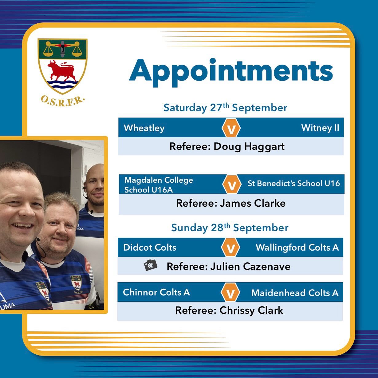 As mooted during the week, this weekend, we are busier on Sunday than on Saturday, with a good few folks heading up to Twickenham for the @rugbyworldcup Finals day. Enjoy your weekend wherever you are and go well to all those out #inthemiddle this weekend (including this year’s @worldrugby #RefereeoftheYear, Hollie Davidson).
#keepyourbootson #takeupthewhistle #whistleblowers #rugbyreferee #bepartoftheteam🌹
@wheatleyrufc @witneyrfc_official @mcsoxford @didcotrufc @wallingfordrfc @chinnorrfcthame @banburyrugbyclub @wearesilverbacks @maidenheadrfc @beaconsfieldrfc @hungerford_rfc @oxfordquins @windsor_rugby_club_official