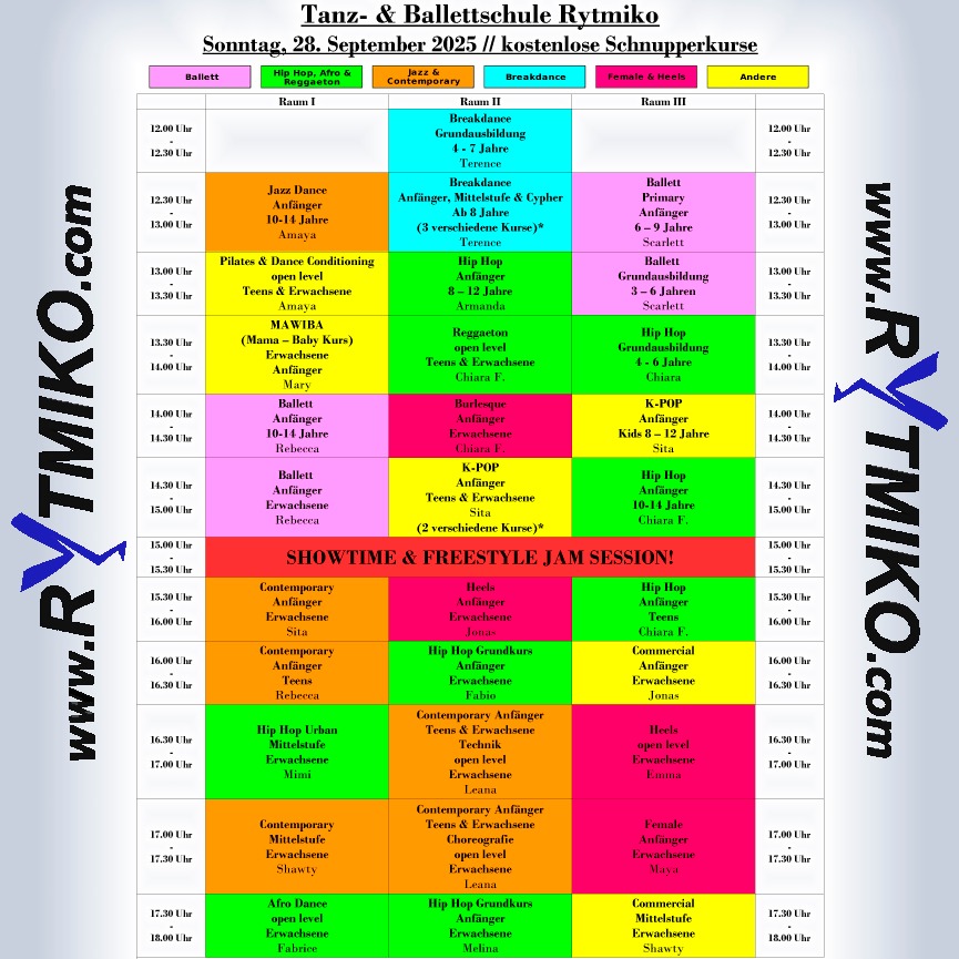 Hier ist das Programm für unseren Tag der offenen Tür diesen Sonntag!
<
Kommt vorbei und schnuppert kostenlos in unsere Kurse rein!
<
📍: Möhringer-Landstraße 2, 70563
⏰: 12 - 18 Uhr
✨: Schnupperstunden, Showeinlagen & tolle Aktionen warten auf dich – egal ob Anfänger*in oder Profi!
>>>>>>>><<<<<<<<
#beethere #openday #danceschool #rytmiko #danceclasses #stuttgart #0711 #dancinunited #hiphop #ballet #contemporarydance #heelsdance #commercial #female #breaking #yogadanceflow #pilates #burlesque #k-pop #jazz #mawiba