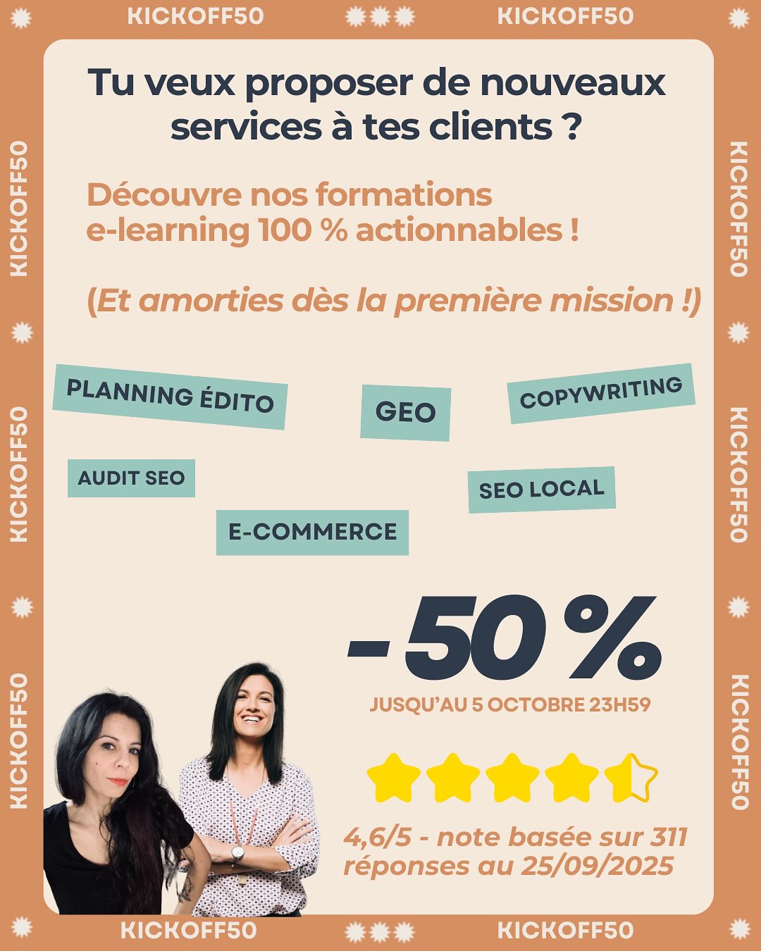 Tu veux proposer de nouvelles prestations à tes clients ?
C’est le moment parfait, tous nos mini-produits e-learning sont à -50 % avec le code KICKOFF50 (jusqu’au 5 octobre).
Des exemples de packs pensés pour toi :
- Visibilité digitale : rends tes clients visibles sur Google & les IA génératives.
- Contenu & stratégie : propose une offre éditoriale complète, de la planification à la rédaction persuasive.
- E-commerce : optimise fiches produits et contenus de vente pour booster les résultats de tes clients.
Tu choisis un ou plusieurs mini-produits, tu appliques le code et tu passes à la pratique !
🤑 Amortis ta formation dès la première mission facturée.
Lien en bio pour profiter de l’offre avant le 5 octobre.