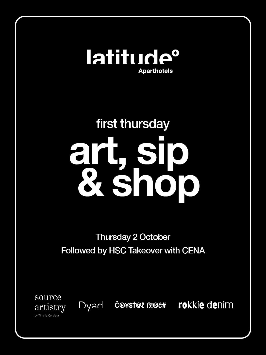 first thursday on the 9th floor of @latitudeapart_hotel. 🍸
join us this thursday (2 october) from 4pm for an exclusive sip & shop event ahead of our @_____cena takeover, starting at 7pm.
discover a curated selection of incredible art pieces sourced by @source.artistry, along with local apparel from @projectdyad, @therealcrystalbirch and @rokkie_za; all available to view and purchase.