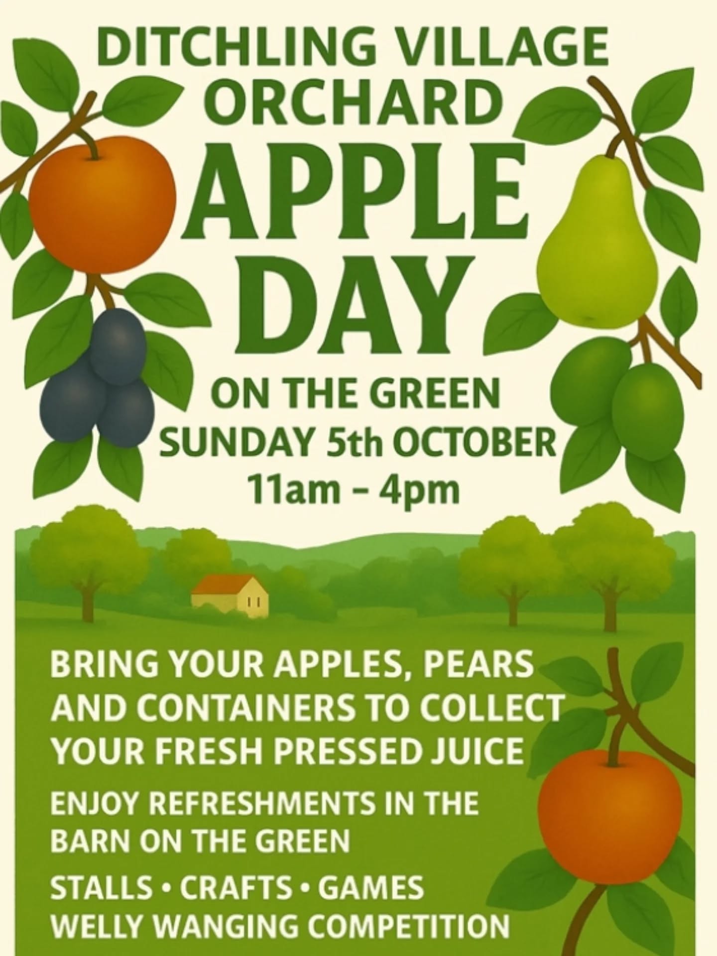 🍎🍏 Ditchling Village Orchard Apple Day, Sunday 5th October 🍏🍎
The 2025 Ditchling Apple Day celebrations will take place this Sunday from 11am to 4pm on the village green!
There will be entertainment and activities for all, with cuppas and cakes, a range of stalls and of course the apple press will be in action! Bring your apples, pears and containers to collect your freshly pressed juice, enjoy refreshments and cakes in the Barn on the Green, craft activities, book and games stalls, the welly-wanging competition, Ditchling Morris dancing and a procession to the orchard where the Brighton folk choir will be singing @brightonfolkchoir 🎶
The event is run entirely by volunteers, and all offers of help on the day, or in advance, will be gratefully received by the small team of organisers. Please get in touch by email: ditchlingorchard@hkdtransition.org.uk Cake donations are also welcomed - please bake or buy a cake and bring it to the barn on Apple Day 🍰 Thank you! 🤗