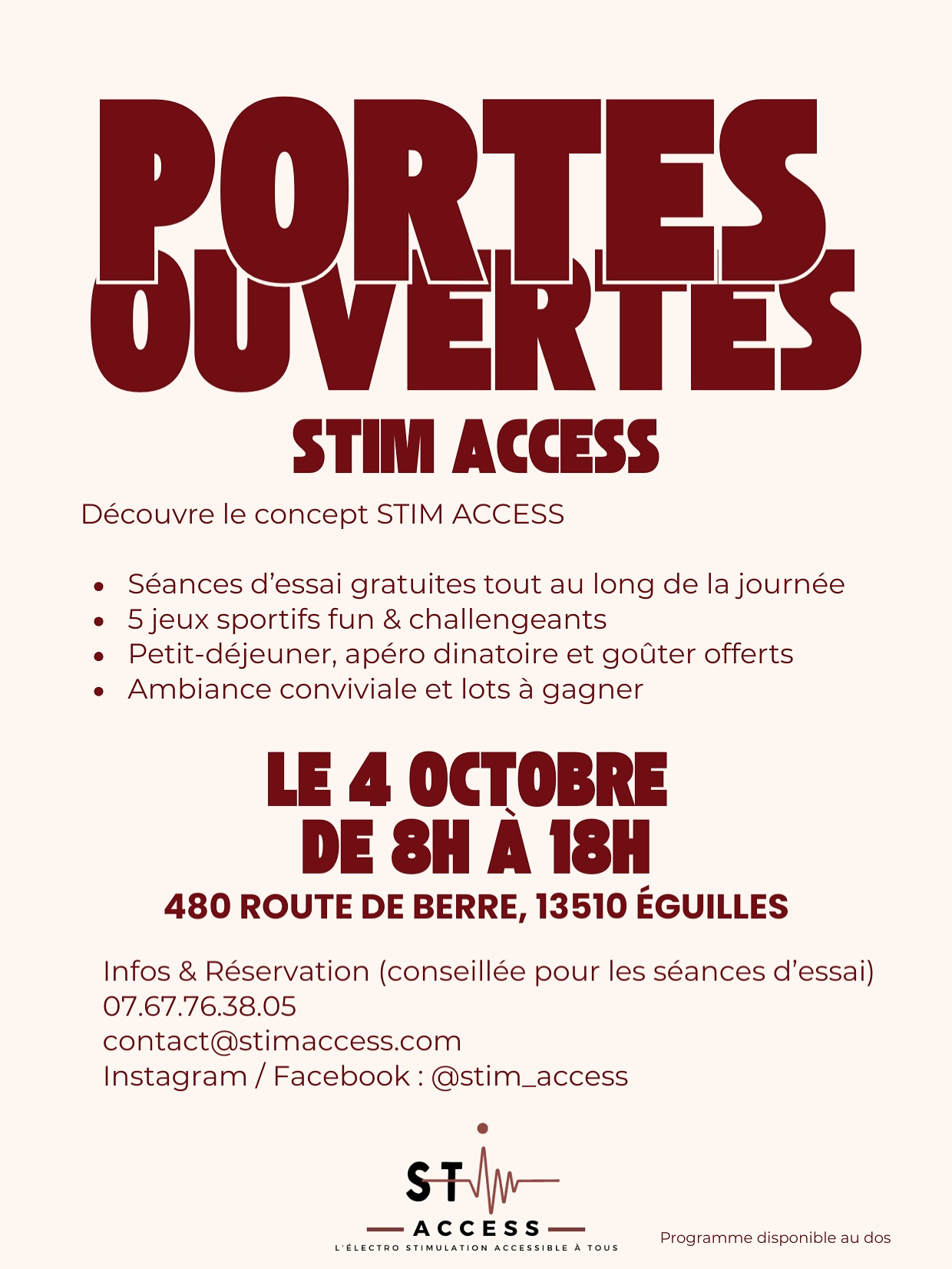 🔔JOURNÉE PORTES OUVERTES - SAMEDI 4 OCTOBRE - 8h-18h
📍 480 route de Berre, 13510 Éguilles
Viens découvrir notre studio EMS 100 % autonome, guidé par intelligence artificielle.
Au programme :
• Séances d’essai gratuites
• Jeux et animations toute la journée
• Buffet et boissons pour un moment convivial
🎁 Offres spéciales :
– Pour toute inscription le jour de la journée portes ouvertes : 1 mois offert sur ton abonnement.
– Rappel pour nos membres : avec l’offre parrainage, si tu viens accompagné(e) et que ton proche s’inscrit, tu reçois aussi 1 mois gratuit.
Pour nous aider à organiser au mieux, merci d’annoncer ta présence via le lien disponible en bio 🔗
Nous avons hâte de partager cette journée avec toi et de te faire découvrir l’expérience STIM ACCESS.
#pertedepoids #stimaccess #gym #sports #salledesport #musculation #renforcementmusculaire #tonification #anticellulite #sportbienêtre #stimaccess