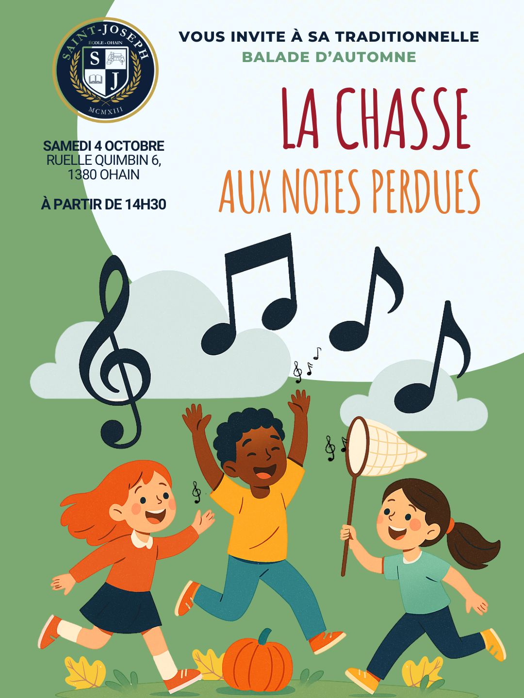 Il est temps de s’inscrire ! ✨🍁
La grande balade d’automne approche à grands pas.
Le samedi 4 octobre, petits et grands partiront à l’aventure dans les bois pour retrouver les notes d’une partition magique… avant de partager ensemble une fête conviviale à l’école.
👉 Les départs se feront en petits groupes entre 14h30 et 15h.
👉 Participation : 5€ par personne.
🌦 Infos pratiques : Les sentiers ne sont pas adaptés aux poussettes → prévoyez un porte-bébé si nécessaire. En cas de pluie, n’oubliez pas vos bottes ! Un délicieux goûter sera proposé pendant la balade.
Et à l’école, vous retrouverez une petite restauration et des boissons pour prolonger ce moment convivial.
📌 Les inscriptions sont ouvertes sur notre site internet ! Ne tardez pas à réserver votre place pour cette belle après-midi familiale !
#baladedautomne #fetedautomne #lachasseauxnotesperdues #fetedecole #ecoleprimaire #ecolematernelle #viescolaire #ecolesaintjosephohain #ecolesaintjoseph #ecolestjosephohain #ecolestjoseph #ecoleohain #ecolelasne #ecolesdubrabantwallon #vivrealasne #communedelasne #ohain #lasne