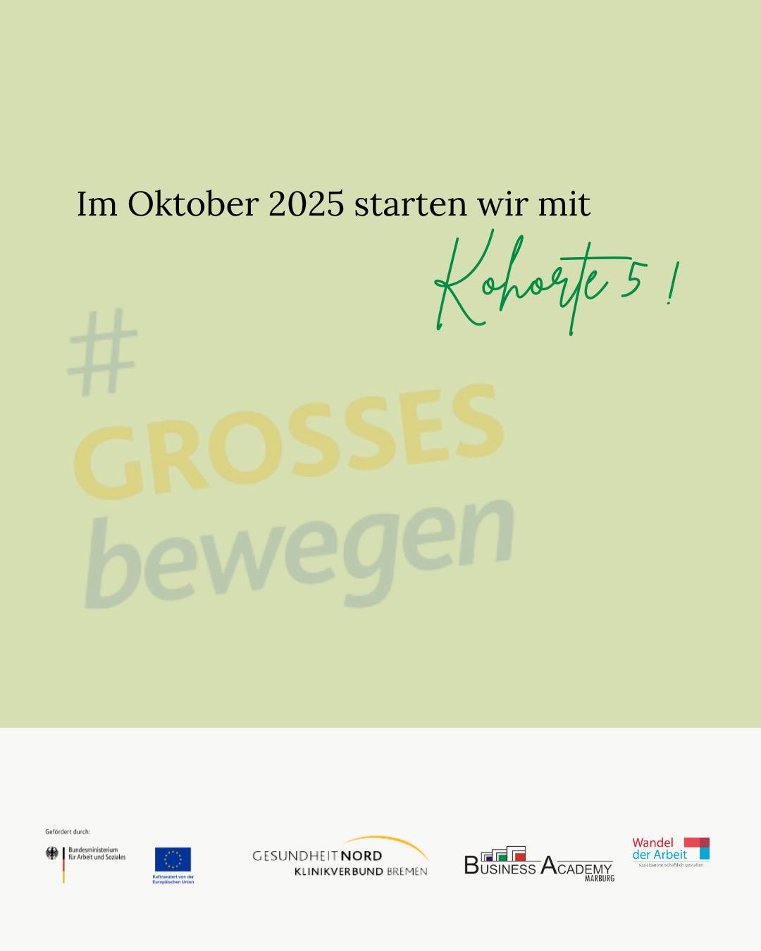 #GROSSESbewegen in der Gesundheit Nord in Bremen
Im Oktober 2025 starten wir mit Kohorte 5!
100 weitere Teilnehmer*innen steigen in unser ESF-Projekt #GROSSESbewegen ein und bringen frischen Schwung, neue Ideen und jede Menge Energie mit.
Worum geht’s?
👉 Verantwortungskultur leben – nicht nur reden.
👉 Führung neu denken – kollektive Verantwortung.
👉 Skills wie Kommunikation, Projektmanagement & Teamspirit stärken.
👉 Rahmenbedingungen anpassen
👉 Und das Wichtigste: Veränderung praktisch umsetzen – in eigenen Projekten oder anhand von Beispielen.
Wir sind überzeugt: Wenn viele gemeinsam anpacken, können wir #GROSSESbewegen. 💡💥
Das Projekt wird im Rahmen des Programms „Wandel der Arbeit sozialpartnerschaftlich gestalten: weiter bilden und Gleichstellung fördern“ durch das Bundesministerium für Arbeit und Soziales sowie die Europäische Union über den Europäischen Sozialfonds Plus (ESF Plus) gefördert.
#berlin #pflege #krankenhaus #pflegeberufe #weiterbildung #businessacademymarburg #wandelderarbeit #europaeischer_sozialfonds #europaeischersozialfonds #esf #europaeischersozialfondsplus #esfplus
#GesundheitNord #ChangeManagement #Teamwork #Transformation #KrankenhausZukunft #InnovationImGesundheitswesen #geno #bremen
#transformation #teamwork