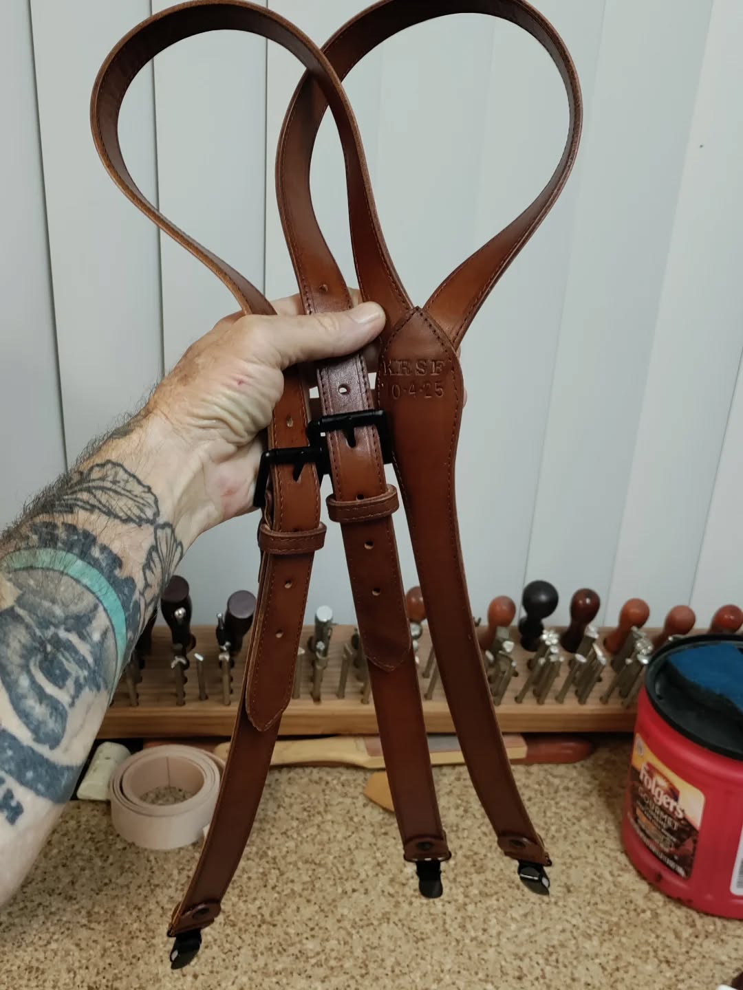Made up a set of suspenders for a customer today for his wedding on 10/4/25. #customleather #suspenders #leather