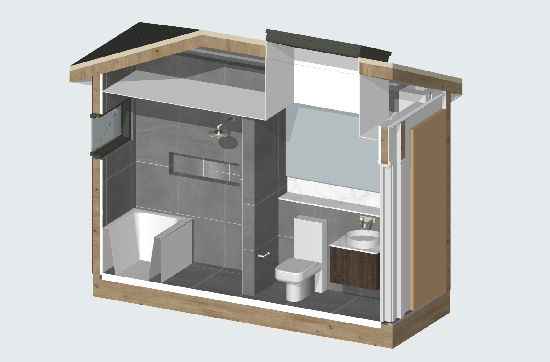 A compact and functional master bathroom design, balancing amenity and aesthetics.
Some key features to help elevate your bathroom design –
• Half-height shelf wall with stone top
• Strip light below mirror
• Floating vanity
• Skylight with vented shaft
Skylight shafts in bathrooms can be problematic if not designed properly. We recommend double-glazed skylights to improve insulation performance, and exhaust fans in the shaft for condensation management.