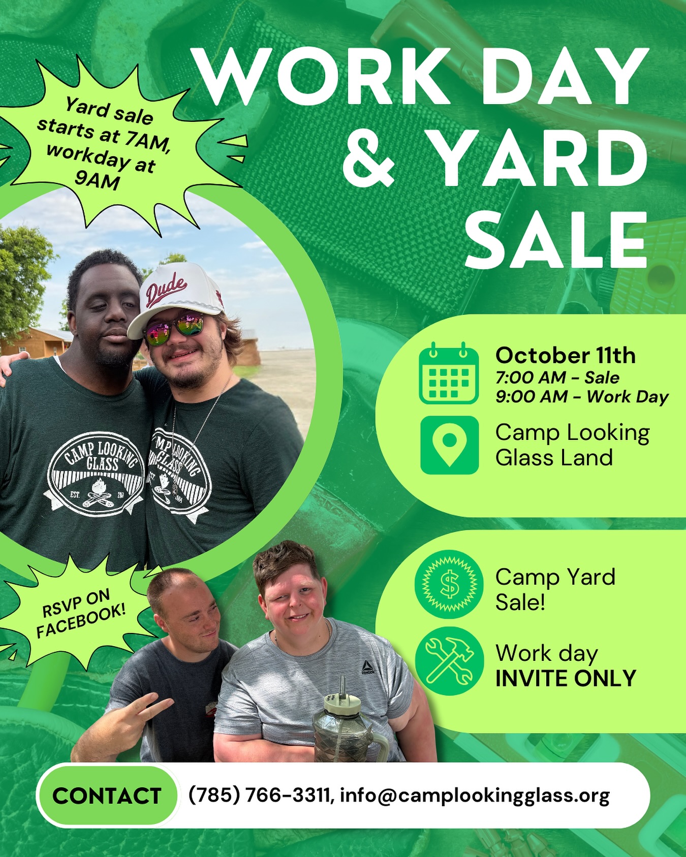 CAMP WORKDAY & YARD SALE! 🛠️🛍️
Join us on Saturday, October 11th, for our community yard sale and Camp work day!
WORK DAY DETAILS:
-9:00 - 3:00 PM
-The CLG workday is invite-only! We really need some helping hands to give our land a little TLC. If we haven't reached out to you about helping out for the workday, please head over to check out our sale!
-Workday tasks will be assigned in the main cabin upon arrival.
-We need support with: small repairs, cleaning cabins, landscaping, and electric forest upkeep.
-Lunch will be provided to all volunteers!
YARD SALE DETAILS:
-7:00 AM - 4:00 PM
-$20 per bag, only yard sale-approved bags.
-Some electronics and higher-value items will be individually priced.
-Holiday decor, toys, clothes, hygiene materials, household items, electronics, yard tools, and MUCH MORE!
Whether you're heading to the CLG land to shop till you drop or help us give our land a little love, we hope to see you there! 💚
