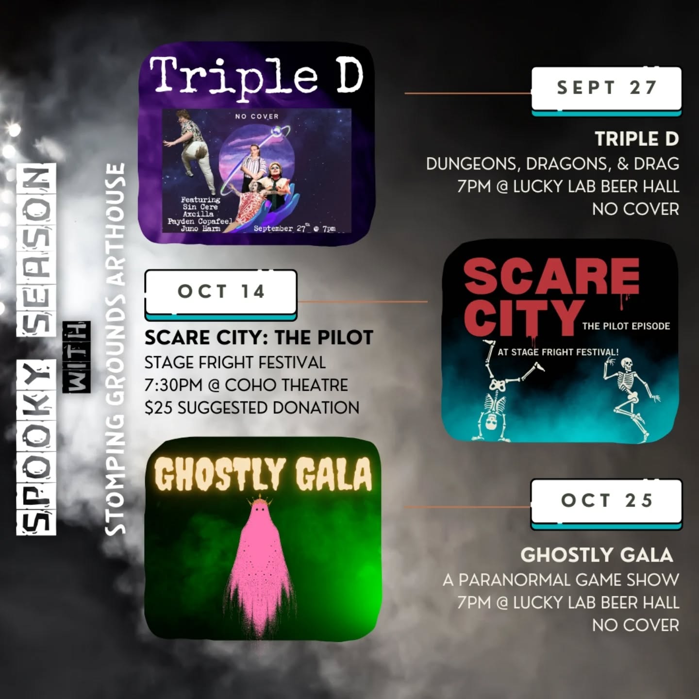 Our spooky season is stacked, with three thrilling events!
And it all begins tomorrow, with Triple D: Dungeons, Dragons, and Drag, hosted by @sinceredrag 🛸
In October, you'll be able to experience the staged reading of the pilot episode of SCARE CITY, our in-development public access series, at @stagefrightfestival 😈 And only 11 days later, you can join us for Ghostly Gala, our drag game show hosted by @nikki_nihao 👻
These are scary times, and we're fighting back with our own kind of scary: queer and trans art by the people for the people! Both of our drag shows are FREE, and the SCARE CITY reading is pay what you can! We are working hard to keep bringing local queer art to the community, with a focus on accessibility.
Join us in the fight by laughing and gasping along with all of our PHENOMENAL casts (tagged).
Saturday 9/27: Triple D
Tuesday 10/14: SCARE CITY
Saturday 10/25: Ghostly Gala
👻👻👻
