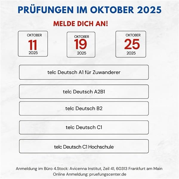 🚀 Dein Deutsch-Zertifikat wartet!
Im Oktober finden wieder die telc Prüfungen statt – sichere dir jetzt deinen Platz! 💡
📍 Anmeldung: Prüfungsbüro oder Online!
➡️ Mach den nächsten Schritt für Studium, Job oder Alltag. Wir glauben an dich! 💪✨
#telcprüfung #deutschprüfung #frankfurt #avicenna