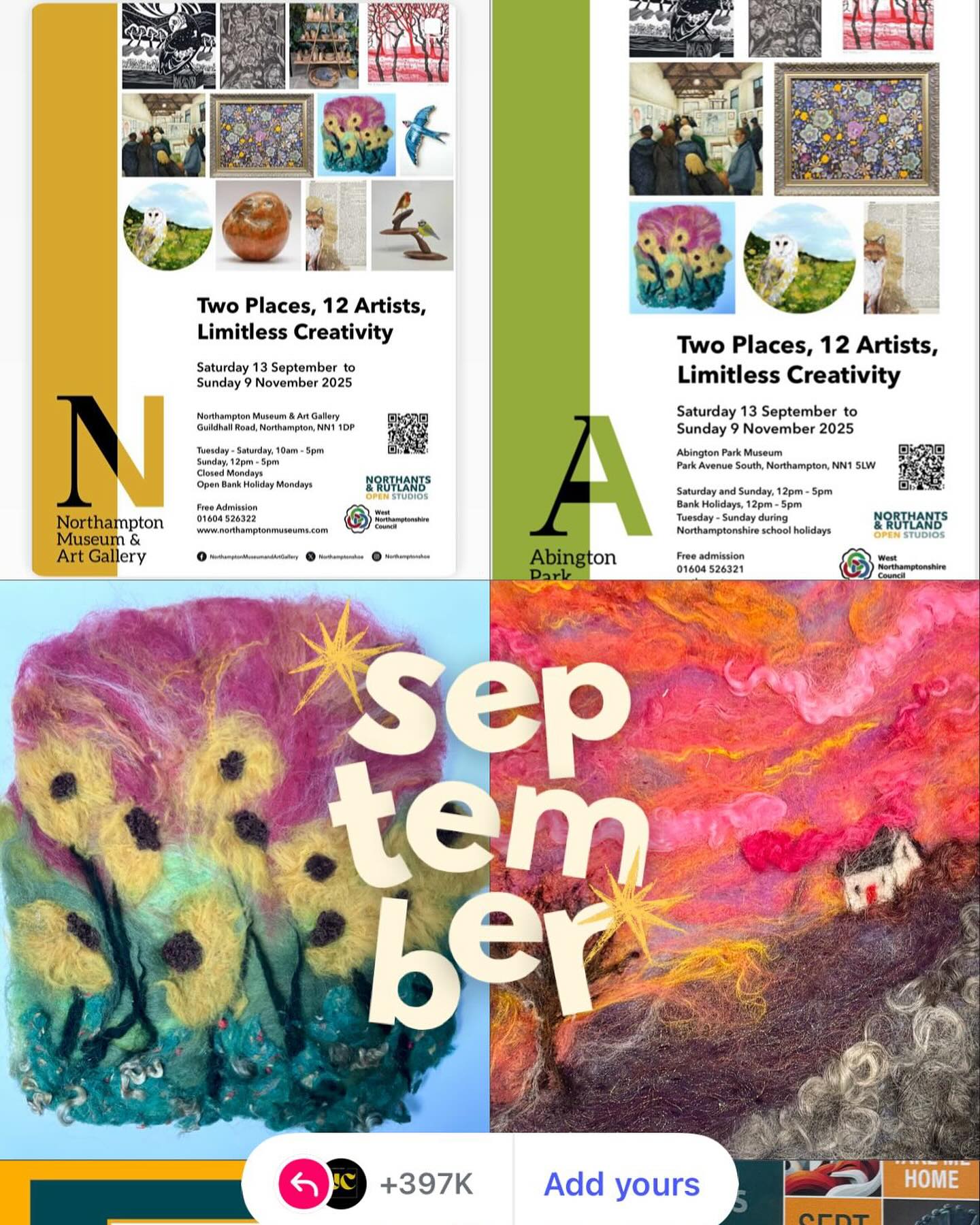 The fabulous Two Places, 12 Artists, Limitless Creativity @northantsrutlandos exhibition at both @northamptonshoe and @abingtonmuseum is on until 9th November and a few of the artists will be at Abington tomorrow!
@louisecrookendenjohnson
@70jeanne
@darkbloomcollective @jackastburywoodwork
@kittydinners
@helenlopezsculptures @markcurtishughes_art @jolesleyglassart
@sam_brockway @therunningpheasantuk
@luminitaprints
#northants #northantsrutlandos #northampton #northamptonart #northamptonshire #needlefeltingartist #woolartist #fibreartist