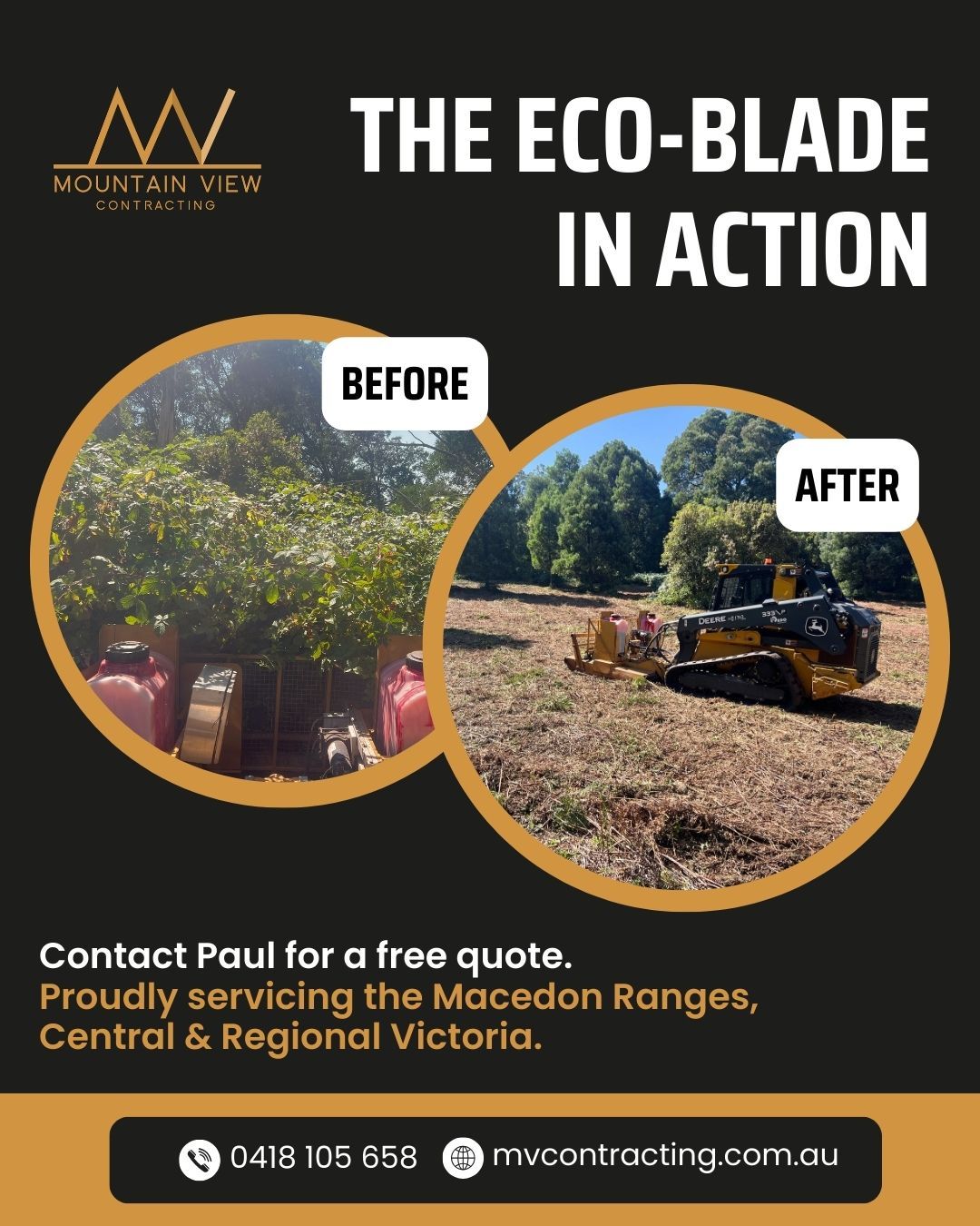 Before and after: another success story thanks to the ECOBLADE! 💪 Tackling overgrown gorse and restoring land, one pass at a time. Our ECOBLADE cuts, mulches, and targets roots with precision, ensuring weeds stay gone. It’s a big difference—and an even bigger win for the environment.
Contact Paul via messenger or the MVC website for a free quote.
.
.
.
.
.
#mountainviewcontracting #mvcontracting #earthworks #gisborne #macedonranges #ballarat #mitchellshire #creswick #daylesford #trentham #glenlyon #ashbourne #tylden #lyonville #hepburnshire #mtalexandershire #harcourt #castlemaine #maldon #woodend #lancefield