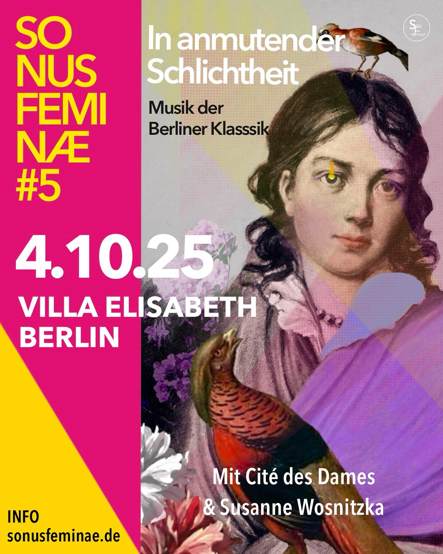 Diesen Samstag ist es so weit! “IN ANMUTENDER SCHLICHTHEIT: Lieder und Kammermusik der Berliner Klassik” wird in der Villa Elisabeth aufgeführt.
SONUS FEMINÆ geht weiter mit einem Blick in die Berliner Liedertradition der Aufklärungszeit. Das Ensembles Cité des Dames bringt Musik von Komponistinnen zu Gehör, deren Lebenswege sich in Berlin kreuzten.
Mit Werken von Juliane Reichhardt, Bettina von Arnim, Charlotte von Brandenstein, Franziska Lebrun u.a.
🎼Musiker:innen: Cité des Dames
Amy Green (Sopran)
Miako Klein (Violine)
Jia Lim (Cembalo)
📄 Einführungsvortrag: Susanne Wosnitzka
🕰️ Ablauf:
18:00h Einlass
18:30h Einführung durch Susanne Wosnitzka
19:15h Konzert
📍 Villa Elisabeth, Invalidenstraße 3, 10115 Berlin
💶 Eintritt: 18 € / erm. 12 € — Tickets via Biolink
❤️ Mit freundlichem Dank an die Carl Bechstein Stiftung!
@st.elisabeth.villaelisabeth @miakoklein @jia.keys @susannewosnitzka @carlbechsteinstiftung
#sonusfeminae #sonusfeminae2025 #inanmutenderschlichtheit #berlinerlieder #berlinerliedertradition #julianereichhard #bettinavonarnim #charlottevonbrandenstein #franziskalebrun #citédesdames #susannewosnitzka #komponistinnen #femalecomposers #frauenindermusik #womeninmusic #womeninearlymusic #altemusik #earlymusic #musichistory #womeninhistory #concert #konzert #stelisabethkirche #music #berlinmusic #berlinconcert #berlinculture #berlinevent #berlinmitte #berlin