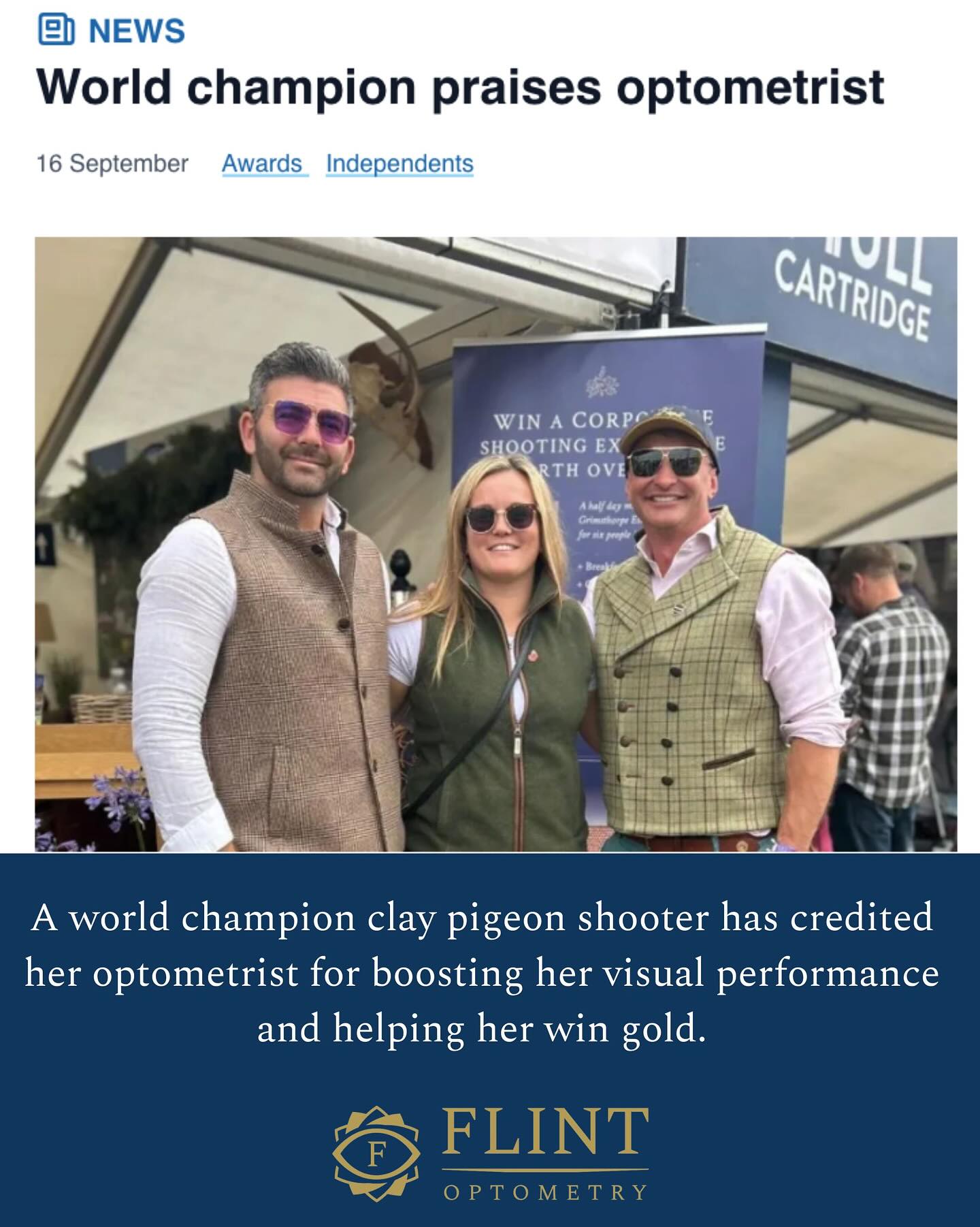Great feature in Optician Online 👀
We’re so proud to see World Champion Amy Easeman celebrating her gold win at the World English Sporting Championship 🏆✨
Amy has worked with @edlyonssportsvision for the past 8 years to fine-tune her vision for peak performance 💥 From contrast sensitivity to reaction times.
Amy says her glasses are now just as important as her gun and cartridges, and we couldn’t agree more… elite vision really does fuel elite performance 👓🔫 Huge congratulations, Amy! 👏
#flintoptometry #glasses #Eyewear #clayshooting #eyes #glasses #optometrists #optometry