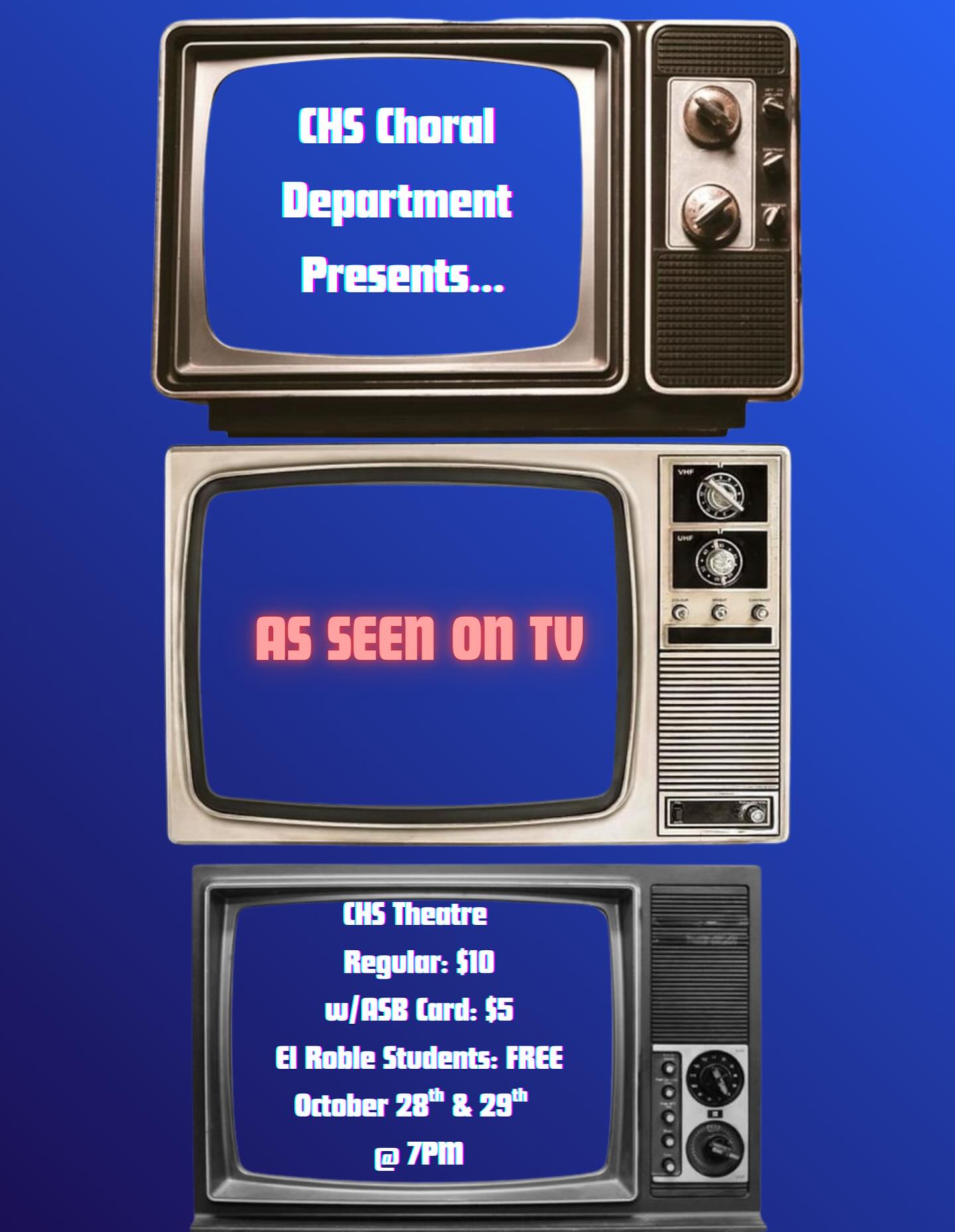 are you ready? come see our pop show filled with iconic TV moments brought to life by your very own chs choirs, at chs theatre on october 28th and 29th!! 📺🎶