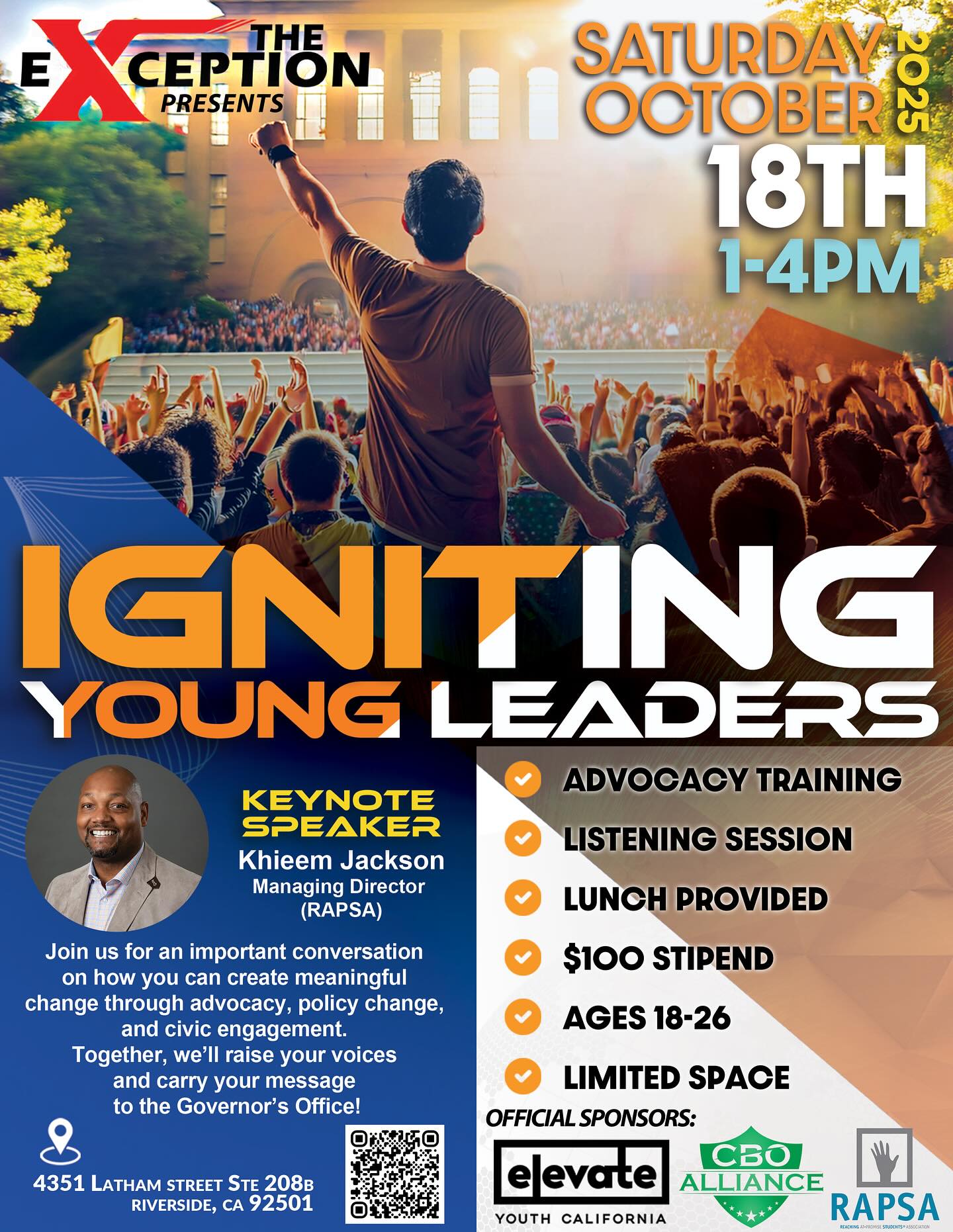 We’re inviting young leaders ages 18–26 to join us for an empowering afternoon of advocacy training and civic engagement at our Igniting Young Leaders Listening Session. This is your opportunity to share your vision for change, connect with peers, and influence policy at the state level.
📅 Date: Saturday, October 18, 2025
⏰ Time: 1:00 – 4:00 PM
📍 Location: 4351 Latham Street, Suite 208B, Riverside, CA 92501
What’s Included:
- Advocacy Training
- Listening Session
- Lunch Provided
- $100 Stipend
- Limited Space Available
This dialogue is just the beginning—together we will raise your voices and carry your message directly to the California Governor’s Office.
✨ Your voice matters. Your story matters. This is your chance to shape the future.
We can’t wait to hear from you!