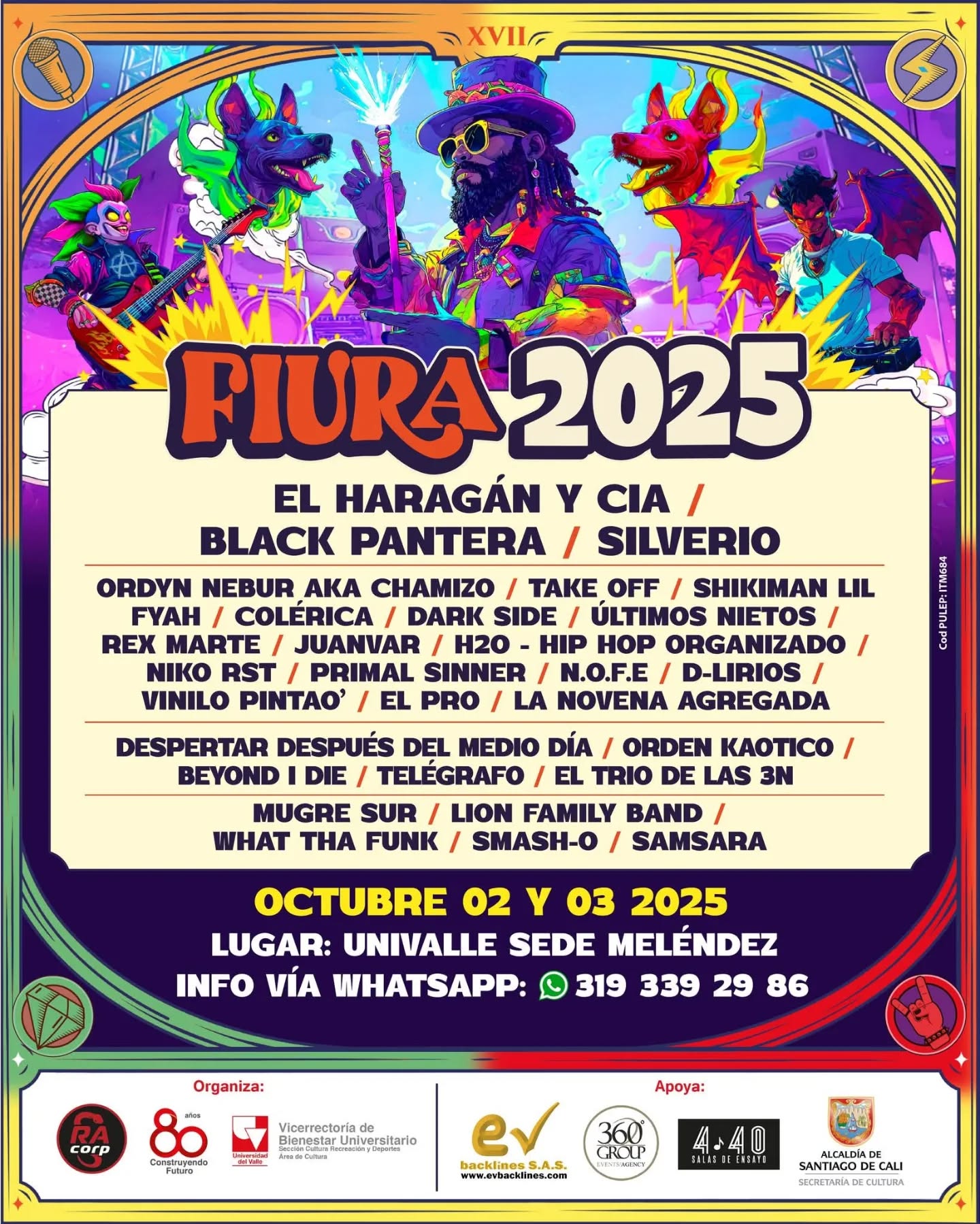 🎸 ¡Cali se llena de música independiente!
El @fiuracali 2025 llega los días 2 y 3 de octubre a la Universidad del Valle – Sede Meléndez, con un cartel encabezado por El Haragán y Cía, Black Pantera y Silverio, junto a más de 30 agrupaciones de diferentes géneros.
Un espacio que, año tras año, conecta lo emergente con el público y fortalece la escena independiente.