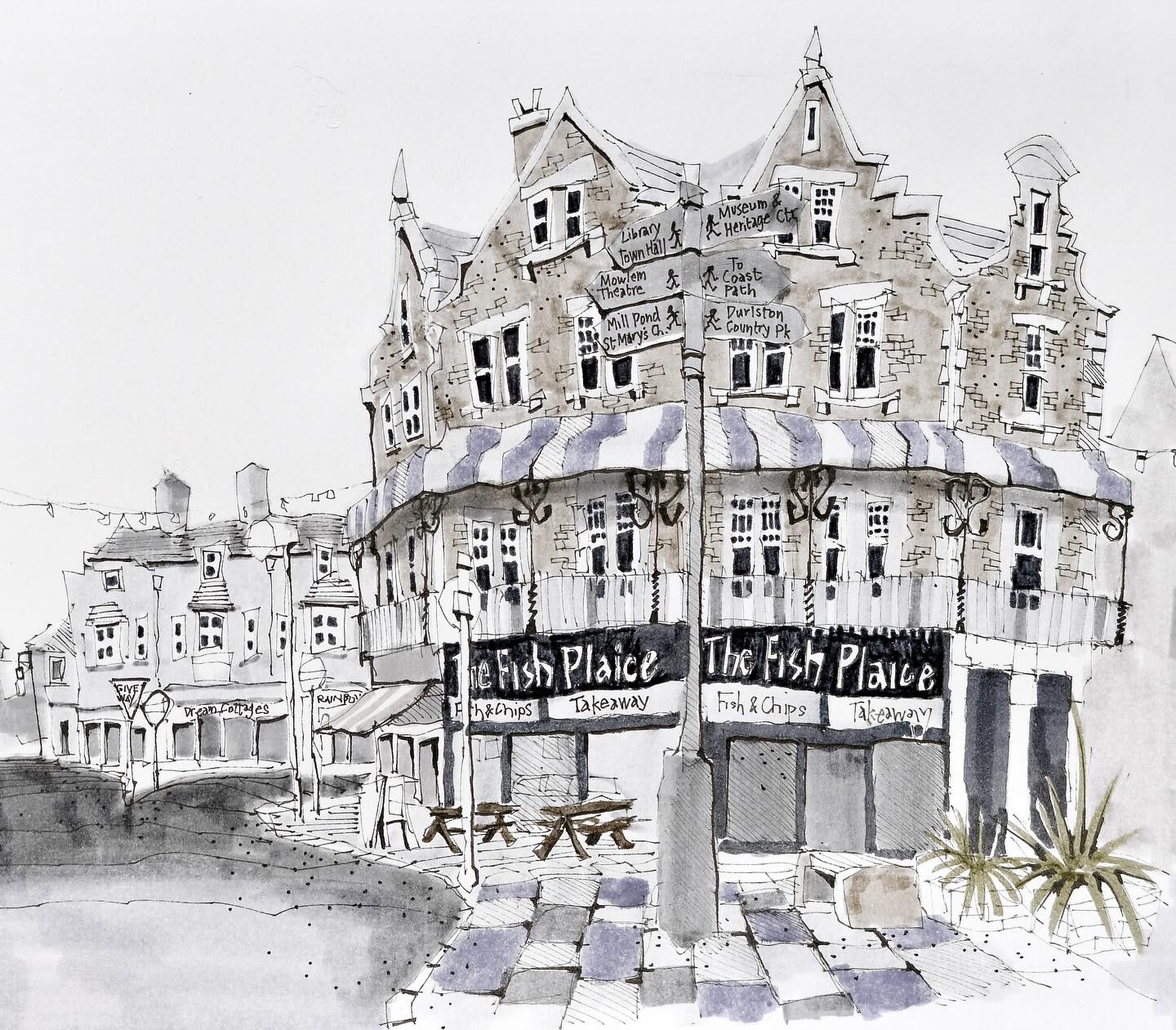 Just back from a fabulous trip to the south coast this weekend to catching up with old friends. No trip to the seaside is complete without fish and chips, and a failure to sketch the best fish and chip shop in Swanage would be positively rude. This is The Fish Plaice, down on the sea front. I can report that the cod and chips were delicious.
.
#art #artistsoninstagram #drawing #urbansketching #urbansketch #urbansketchers #kunst #oxfordshireartweeks #artist #watercolor #watercolour #watercolorpainting #penandink #penandinkdrawing #sketching #global_sketchers #usk #thefishplaiceswanage #draw #artwork #swanage #dorset #fishandchips