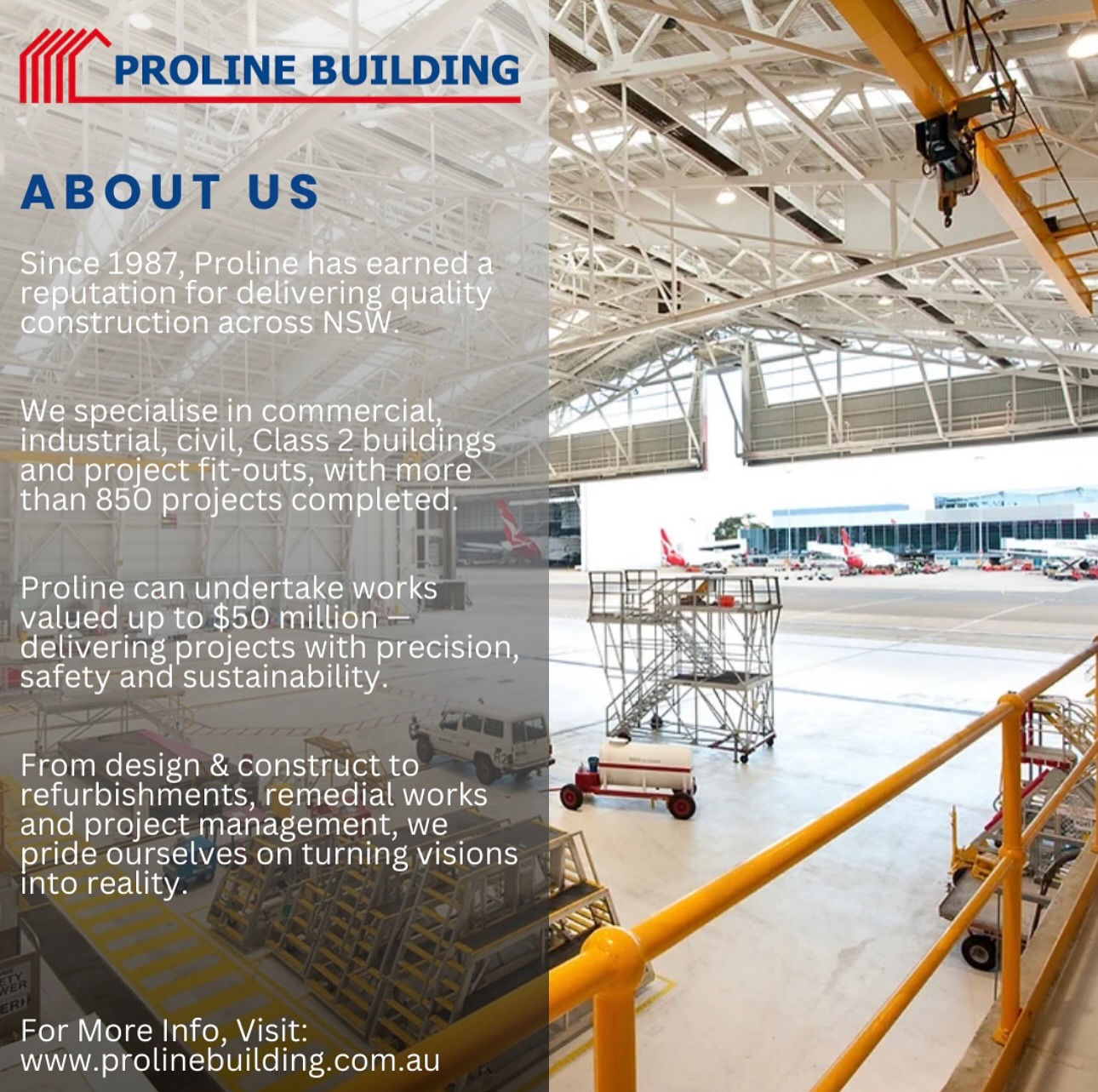 Building excellence since 1987. With over 850 projects completed across NSW, Proline specialises in delivering high-quality commercial, industrial, civil, Class 2 buildings and fit-out projects — backed by precision, safety and sustainability.
From $50M builds to tailored refurbishments, we’re trusted to turn visions into reality.
#Proline #ProlineBuilding #ProlineBuildingCommercial #ConstructionExcellence #Build #BuildingNSW #CommercialConstruction #IndustrialConstruction #Class2Buildings #FitOutSpecialists #BuildingTheFuture #ReachOutToUsToday